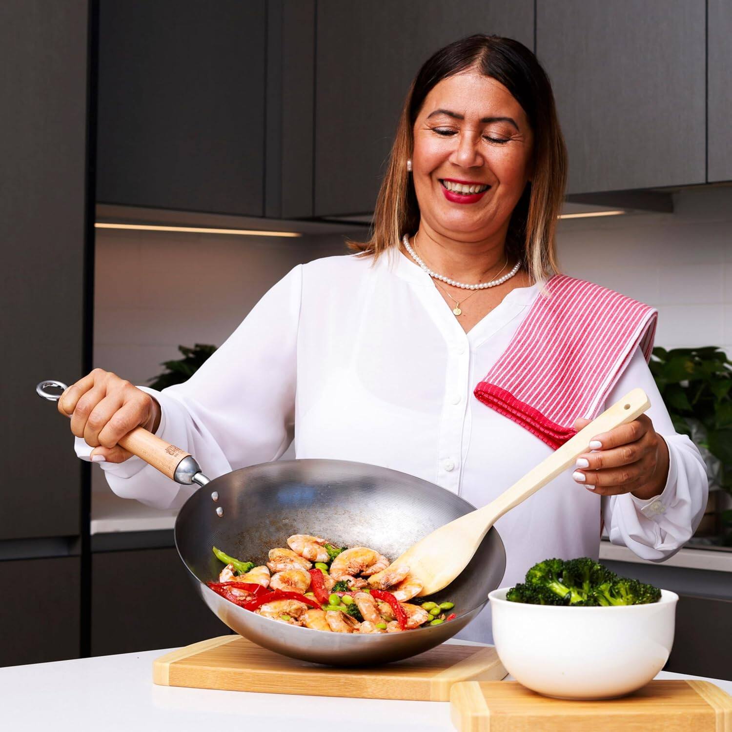 Alt View 6. Escali - Joyce Chen Classic Series 12-Inch Uncoated Carbon Steel Stir Fry Pan with Birch Handle - Silver.