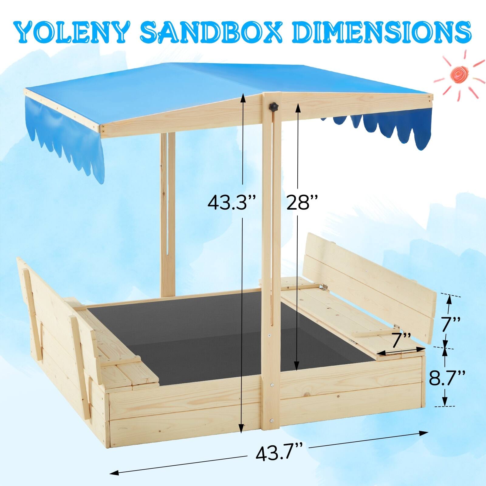 YOLENY SANDBOX DIMENSIONS  
43.3" x 28" x 7" x 7" x 8.7" x 43.7"