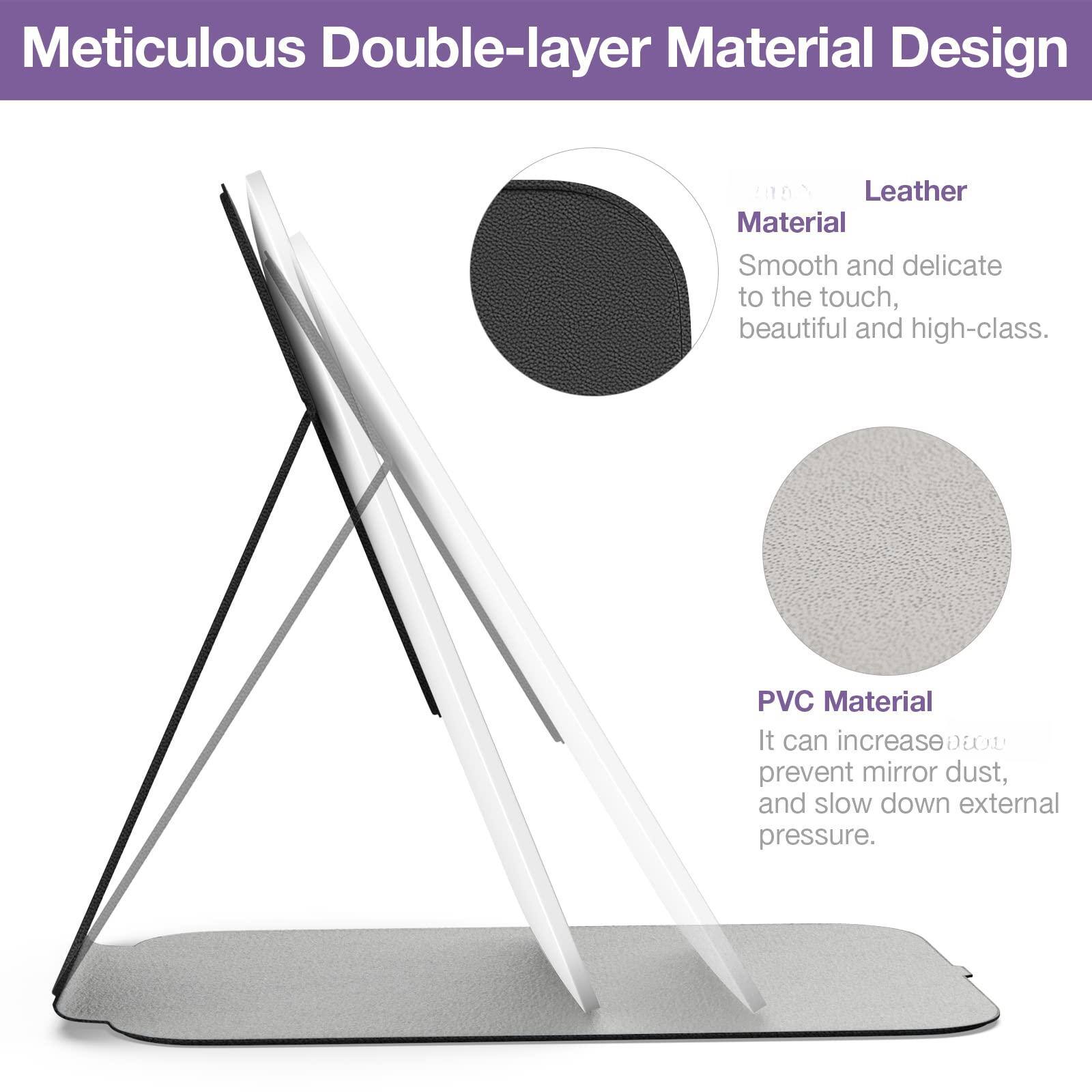 Meticulous Double-layer Material Design

Material: Leather  
Smooth and delicate to the touch, beautiful and high-class.

PVC Material  
It can increase durability, prevent mirror dust, and slow down external pressure.