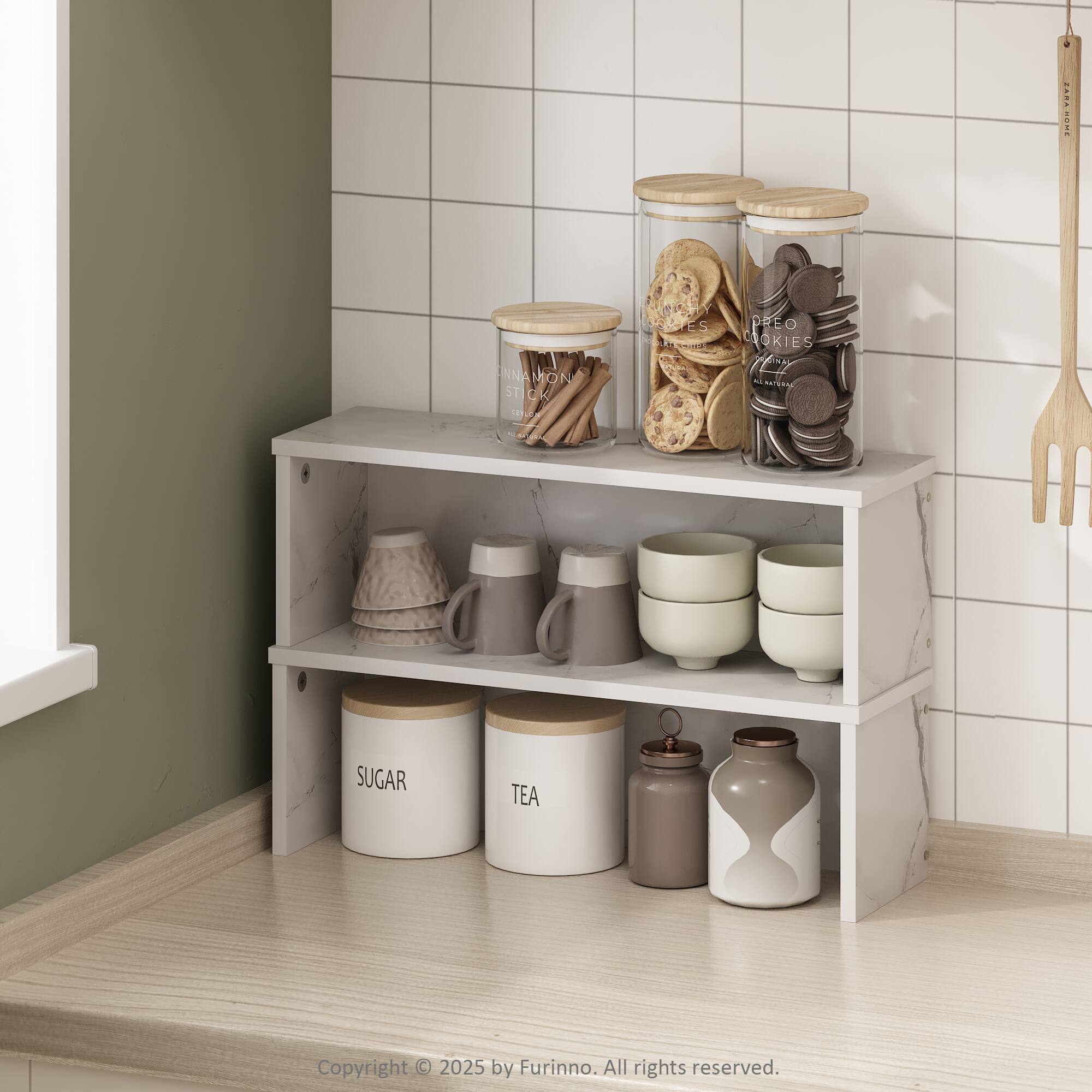 Sure, here is the corrected and grouped text from the image:

---

**Top Shelf:**
- SUGAR
- TEA

**Middle Shelf:**
- PREO COOKIES
- ALL NATURAL

**Bottom Shelf:**
- SUGAR
- TEA

**Copyright:**
- Copyright © 2025 by Furinno. All rights reserved.

---