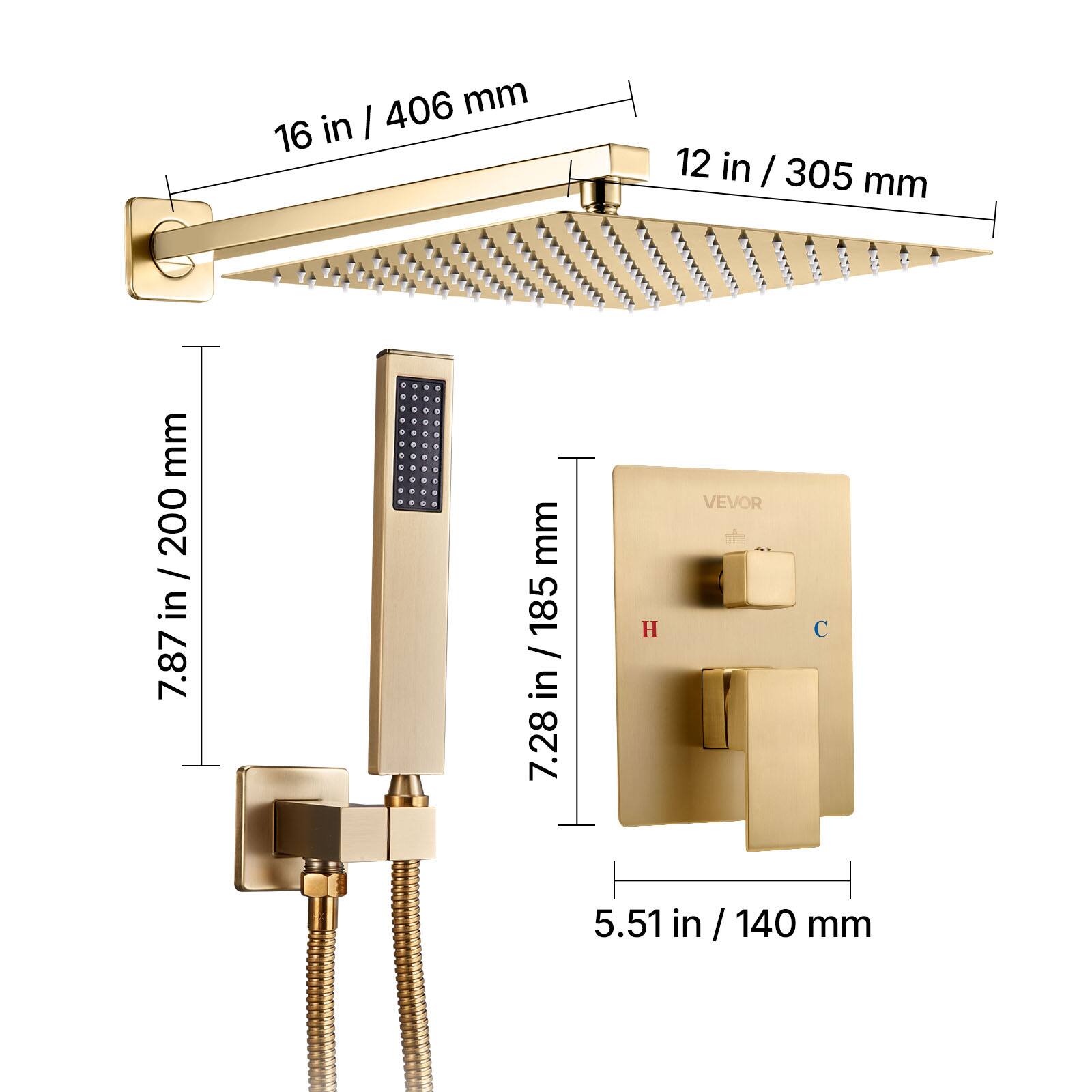 The corrected text from the image is:

- Showerhead: 406 mm / 16 in
- Hand Shower: 200 mm / 7.87 in
- Height: 185 mm / 7.28 in
- Wall Control: 140 mm / 5.51 in
- Width: 305 mm / 12 in
