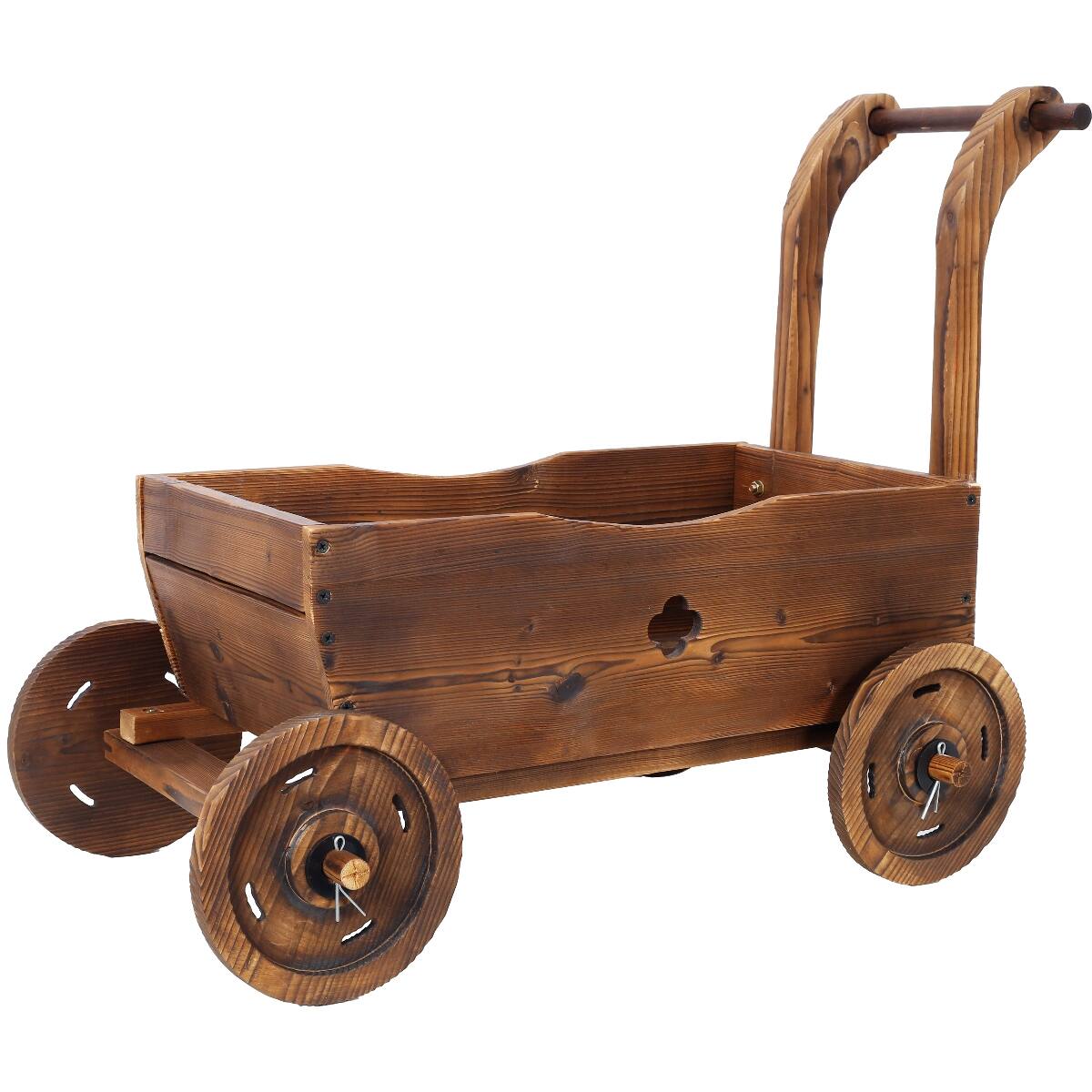 Alt View 4. Loheer - Loheer Wooden Wagon Planter with Wheels, Carbonized Fir Wood Flower Cart with Handle and Drainage, Brown.
