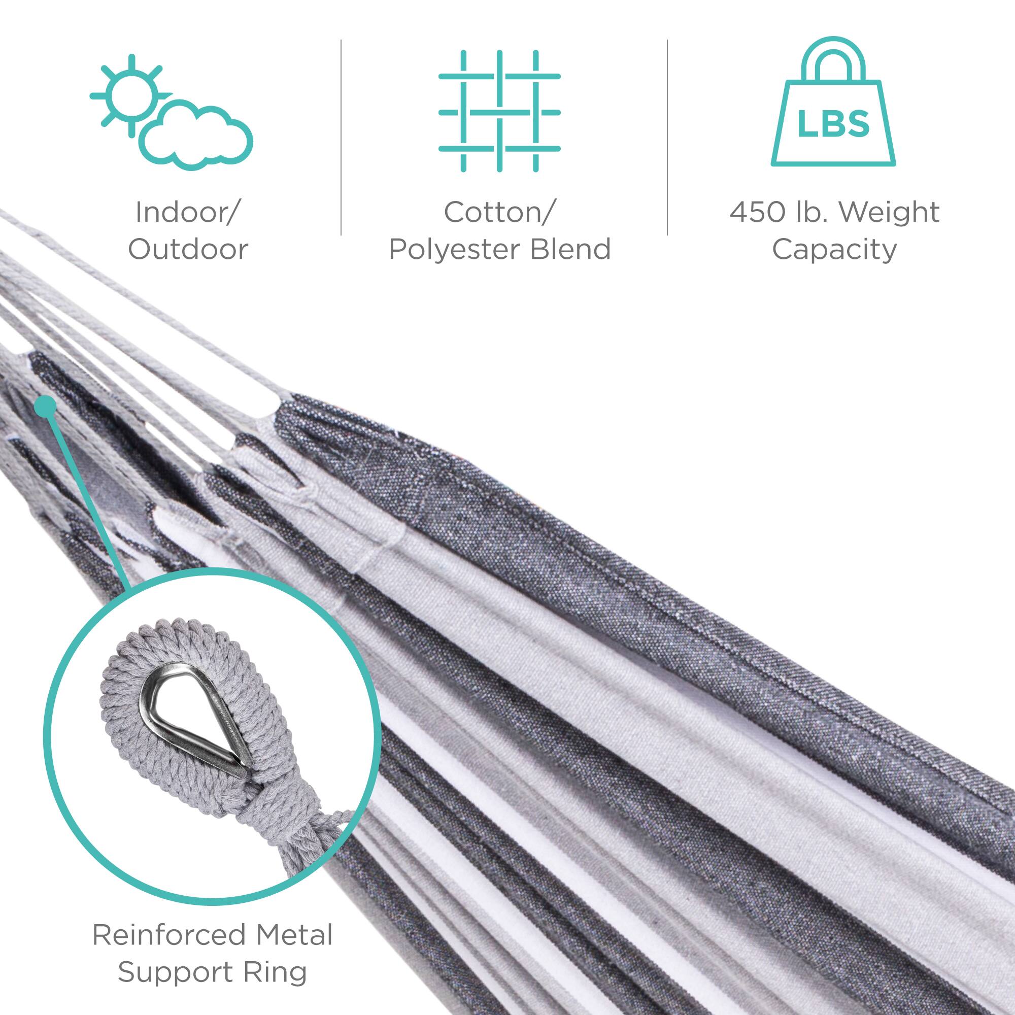 - Indoor/Outdoor
- Cotton/Polyester Blend
- 450 lb. Weight Capacity
- Reinforced Metal Support Ring