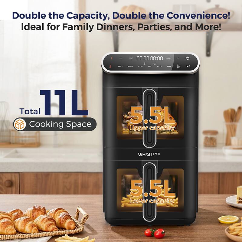 Double the Capacity, Double the Convenience!  
Ideal for Family Dinners, Parties, and More!  

11L Total Cooking Space  
5.5L Upper capacity  
5.5L Lower capacity
