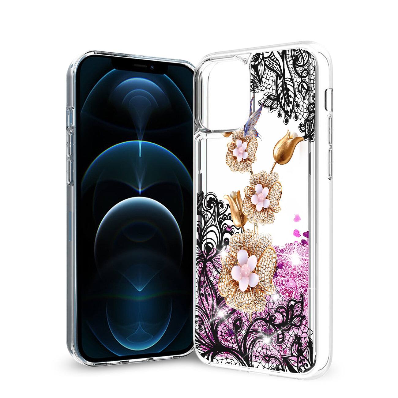 Front. Reiko - Iphone 12 Pro Max Glitter Case Moving Quicksand Pink Floral Gold Petals - Pink, Gold.