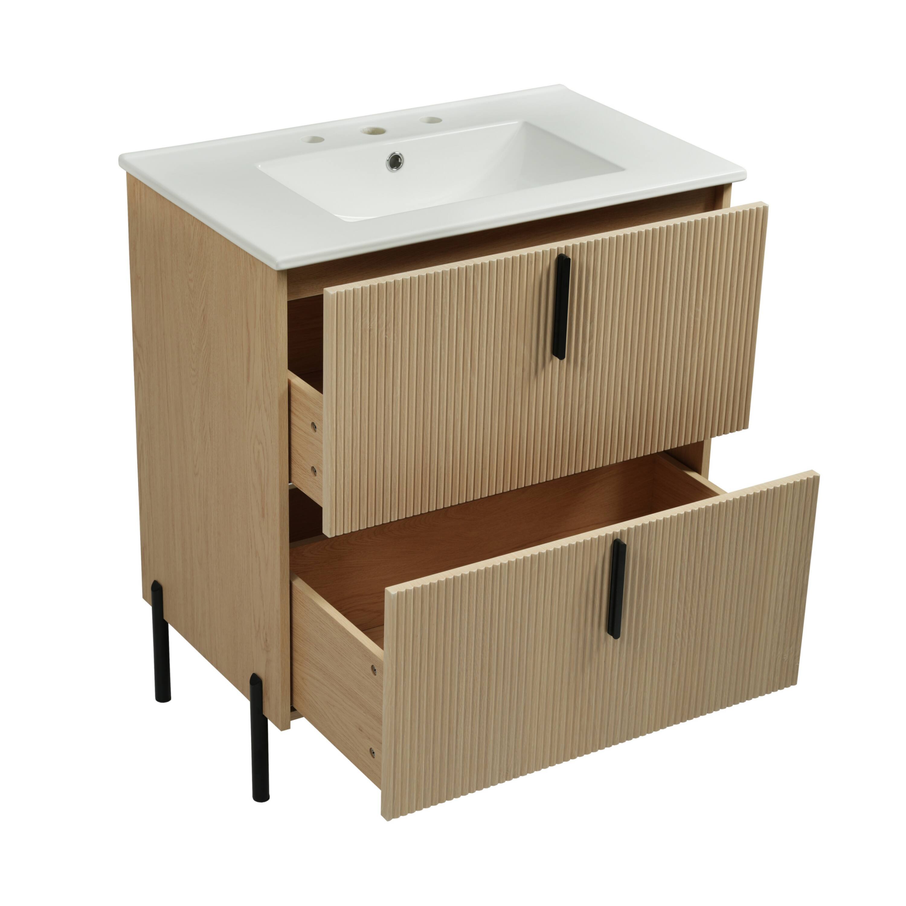 Angle. Boyel Living - 30 Inch Bathroom Vanity with Ceramic Sink Full Extension Drawers Soft Close Fluted Design Natural - Natural.