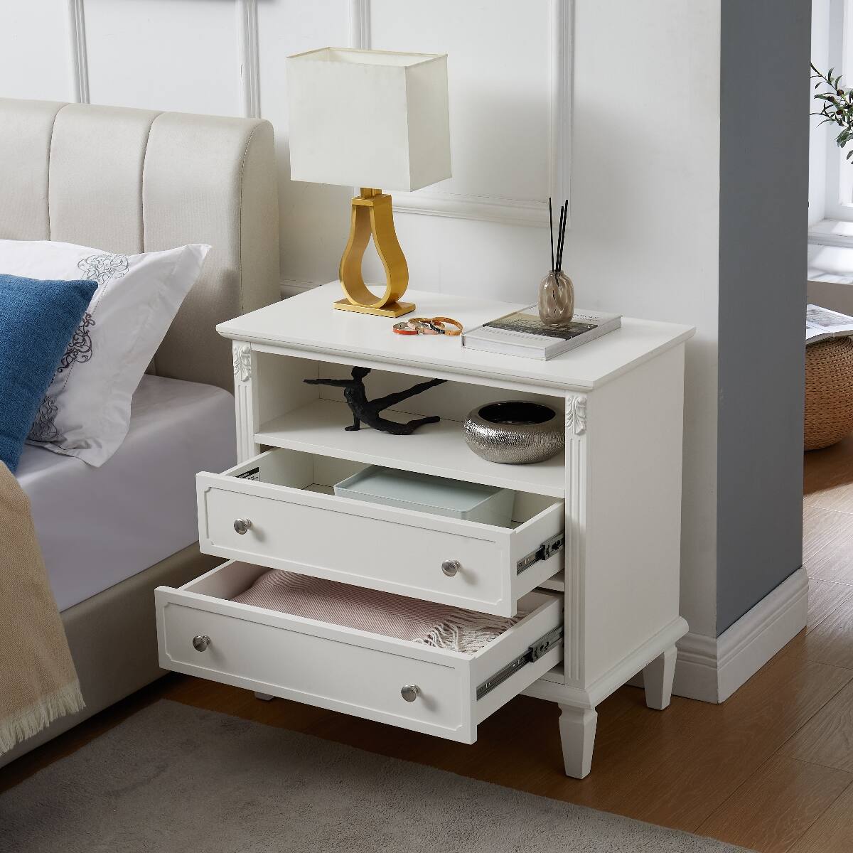 Alt View 1. Loheer - Loheer White Nightstand with Charging Station, Two Drawers and Open Shelf, Solid Wood Legs - White.