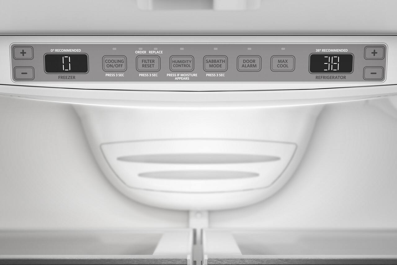 - 0° RECOMMENDED  
FREEZER  
COOLING ON/OFF  
PRESS 3 SEC  

ORDER REPLACE  
FILTER RESET  
PRESS 3 SEC  

HUMIDITY CONTROL  
PRESS IF MOISTURE APPEARS  

SABBATH MODE  
PRESS 3 SEC  

DOOR ALARM  

MAX COOL  

38° RECOMMENDED  
REFRIGERATOR
