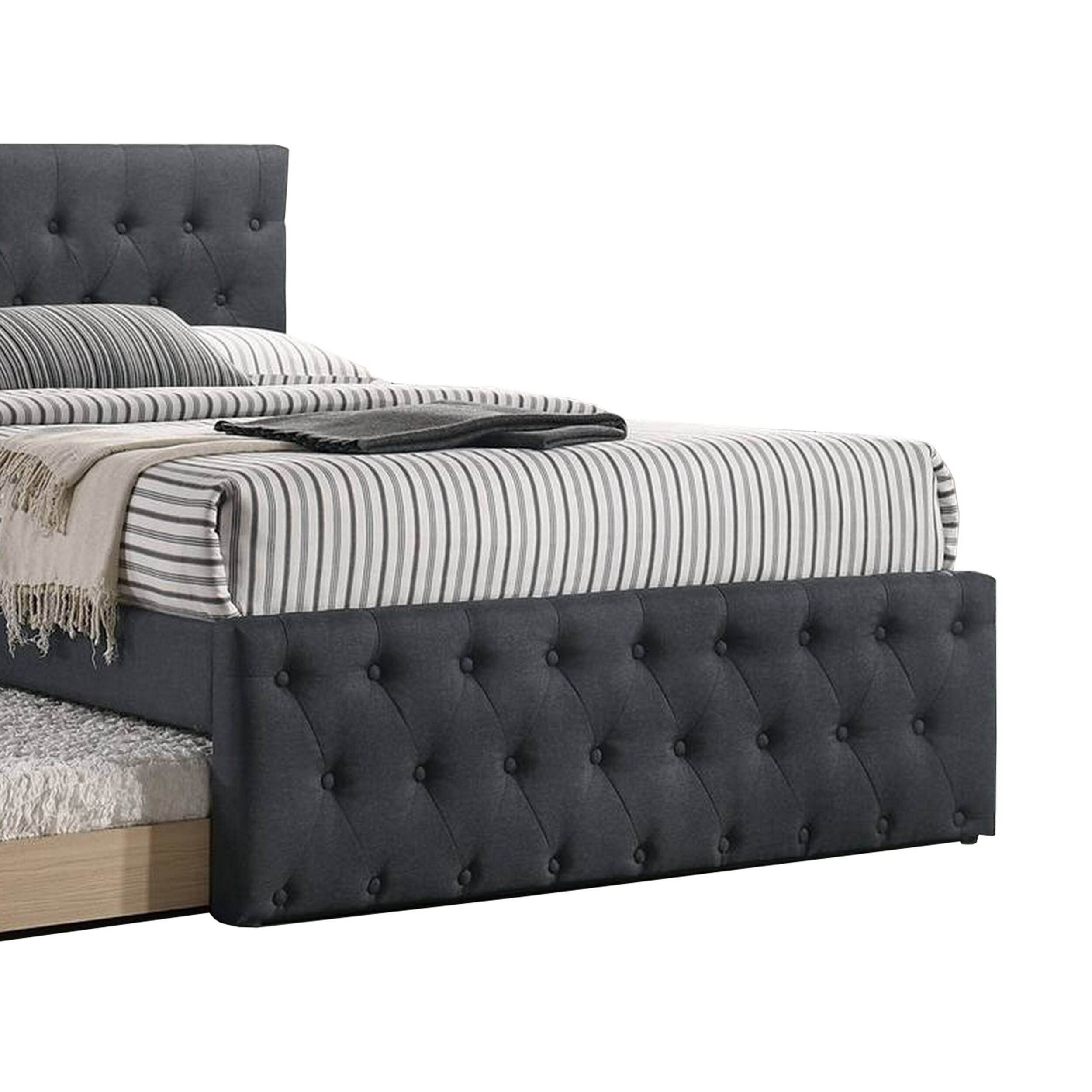 Alt View 2. Manhattan Lane - Nek Wood Twin Size Upholstered Bed with Trundle, Tufted Charcoal Burlap - Charcoal Gray.
