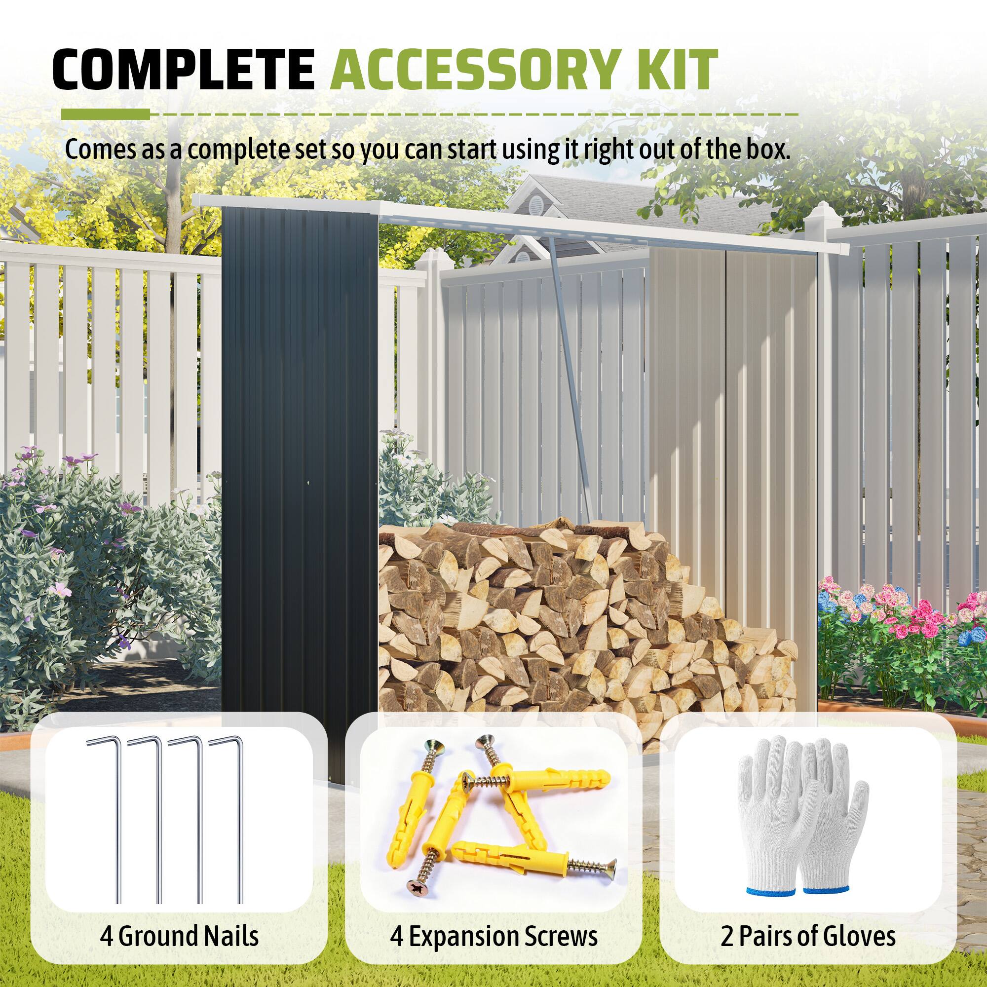 COMPLETE ACCESSORY KIT  
Comes as a complete set so you can start using it right out of the box.  
- 4 Ground Nails  
- 4 Expansion Screws  
- 2 Pairs of Gloves
