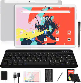 FEONAL - Latest Tablet 10.1" Octa-Core Android 11 Tablet, 64GB Storage Tableta with Keyboard, Stylus, Dual 13MP+5MP Camera - Silver