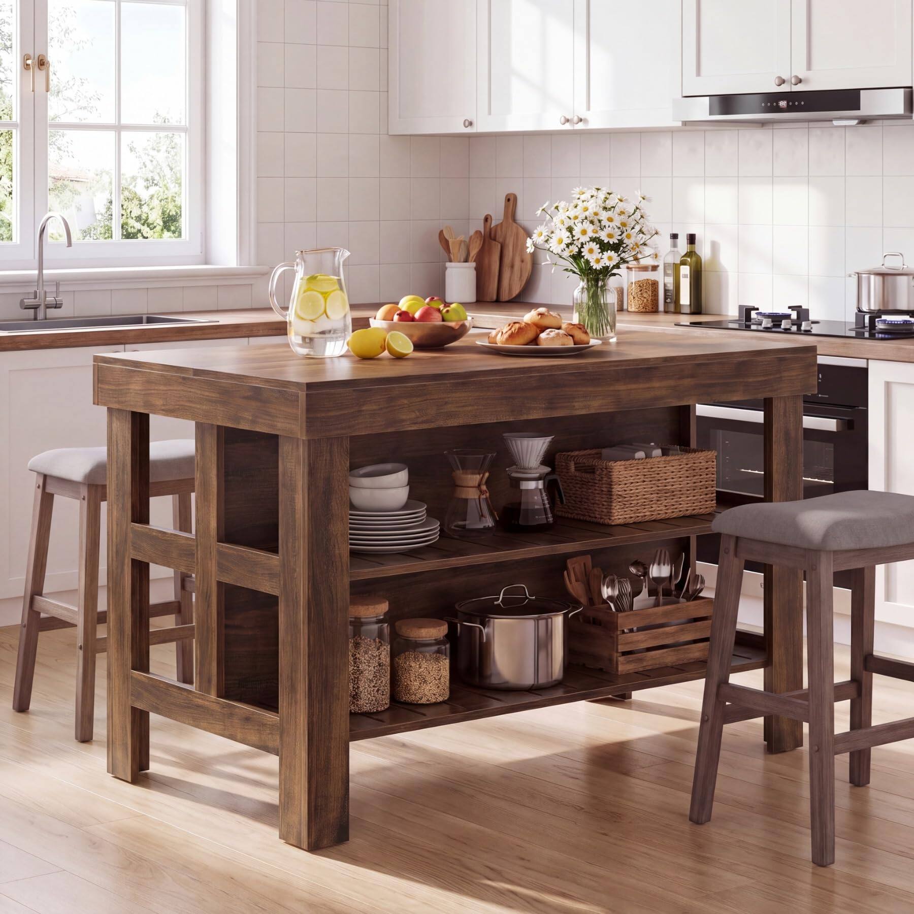 Back. Tribesigns - 55.1-Inch Kitchen Island with Seating Space and 3-Tier Storage for Kitchen or Dining Room - All Brown.