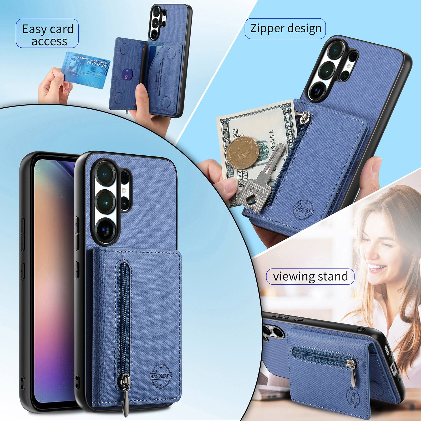 Easy card access  
Zipper design  
1 RREHANR ESN 1IN  
LdE  
P lada a ar  
A EAU OF LINE - 9545A DOLLARN JNTAMORAE  
viewing stand  
2 HANDMADE
