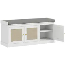 PULUZ - Shoe Storage Bench with Woven Rattan Doors, Shoe Bench with Cushion, Adjustable Shelves, Entryway Bench - White
