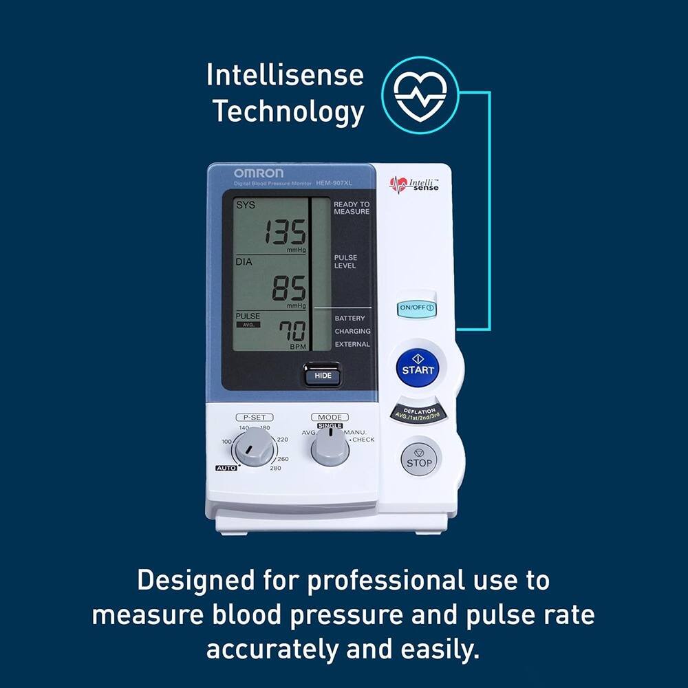 Intellisense Technology  
OMRON Digital Blood Pressure Monitor HEM-907XL  
Intelli sense  
SYS 135 mmHg  
DIA 85 mmHg  
PULSE 70  
READY TO MEASURE  
PULSE LEVEL  
BATTERY CHARGING EXTERNAL  
ON/OFF  
HIDE  
START  
100 140 180 220  
DEFLATION MODE  
AVG/Trend  
ESNRE AVG  
MANU CHECK  
AUTO  
260 280  
STOP  

Designed for professional use to measure blood pressure and pulse rate accurately and easily.