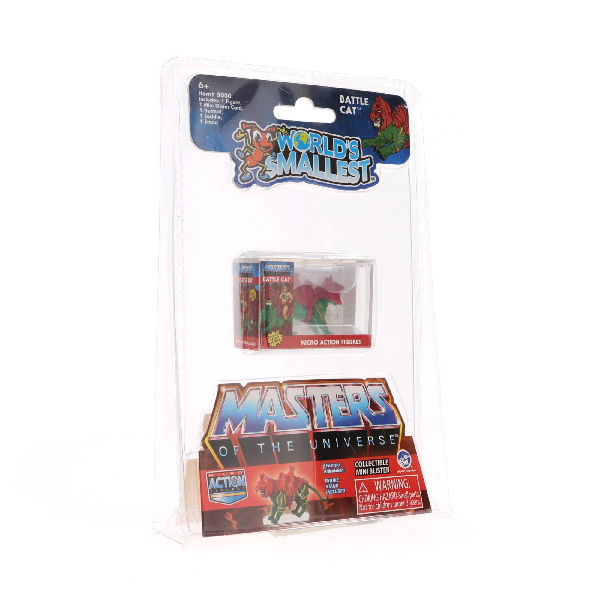 6+ Items 5030 includes: 1 Figure, 1 Mail Blister Card, 1 Saddle, 1 Condiment, 1 Stand WORLD'S SMALLEST METAL BATTLE CAT MICRO ACTION FIGURES MASTERS OF THE UNIVERSE 1 Ab a COLLECTIBLE Mini Blister Action Picture Stand A WARNING: INCLUDED CHOKING HAZARD Small parts Not for children under 3 years