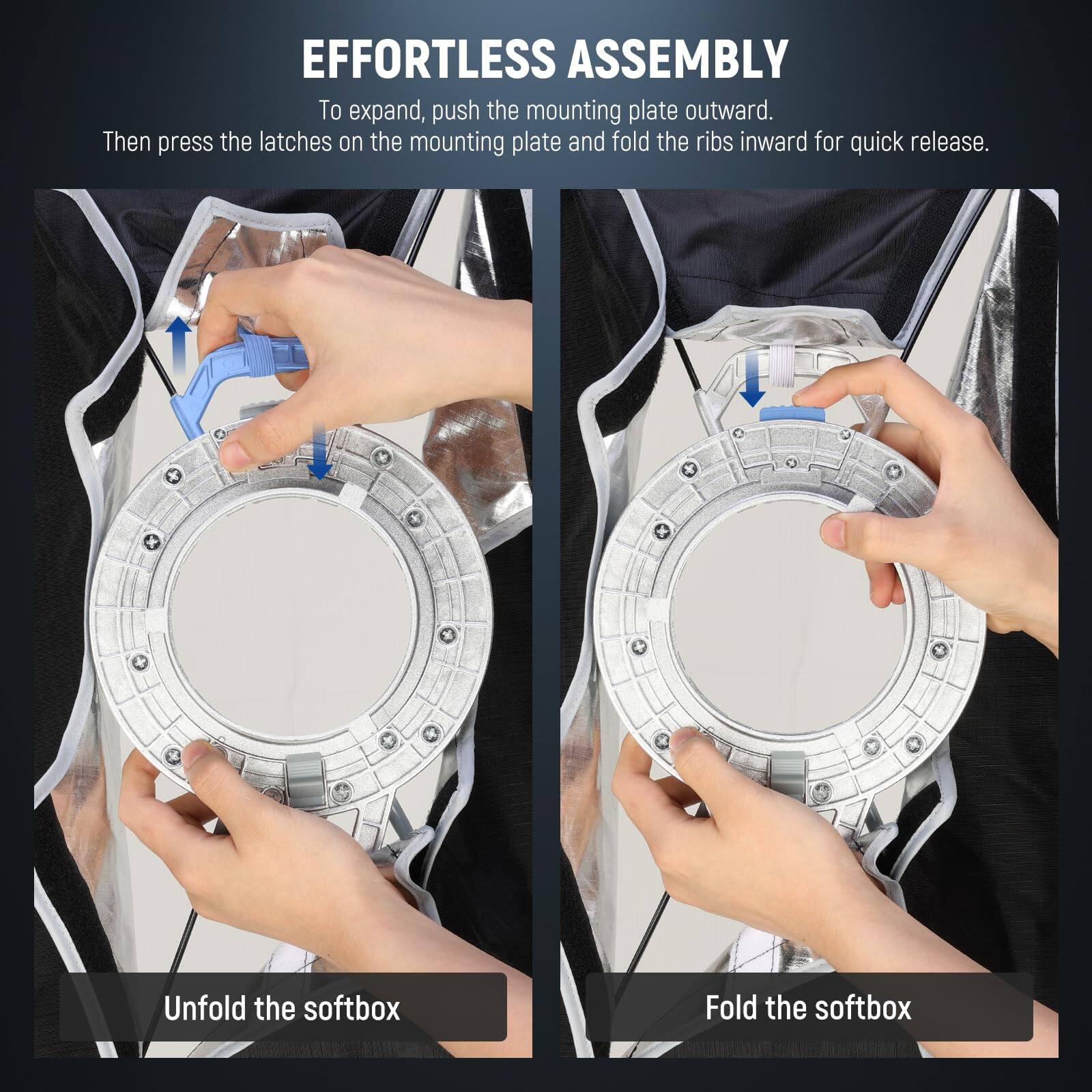 EFFORTLESS ASSEMBLY

To expand, push the mounting plate outward. Then press the latches on the mounting plate and fold the ribs inward for quick release.

Unfold the softbox

Fold the softbox