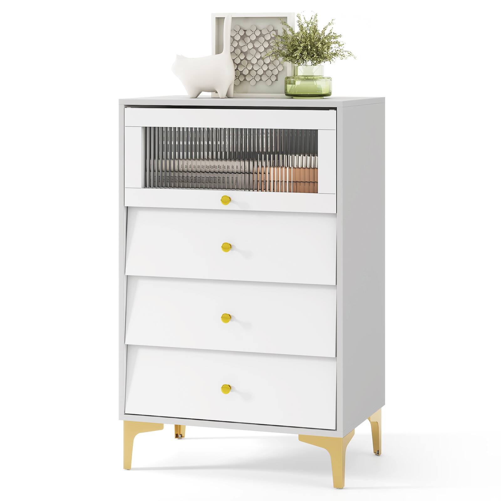 Alt View 9. Gymax - Gymax 3 Drawer Dresser 37.5'' Tall Dresser Chest of Drawers w/ Flip-up Fluted Glass Door - Grey, White.