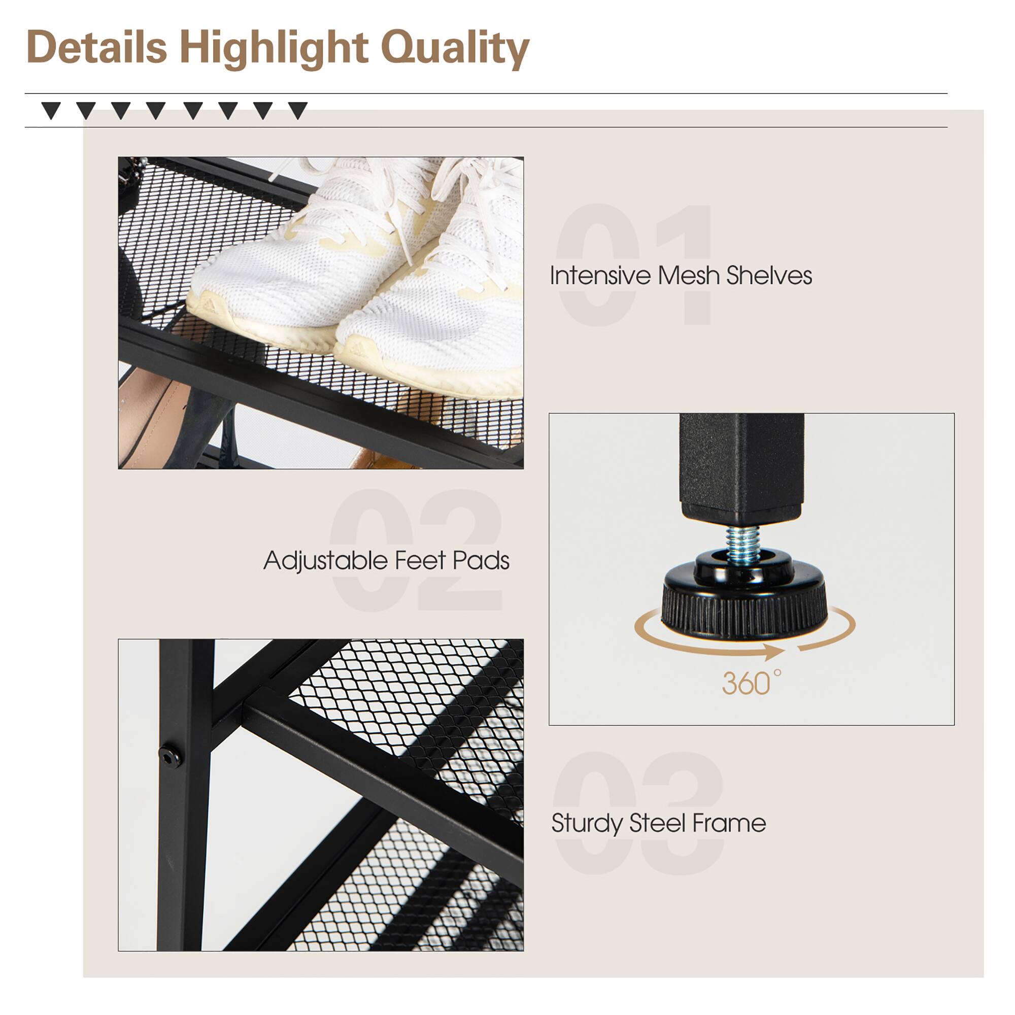 Details Highlight Quality Intensive Mesh Shelves Adjustable Feet Pads 360 Sturdy C Steel Frame