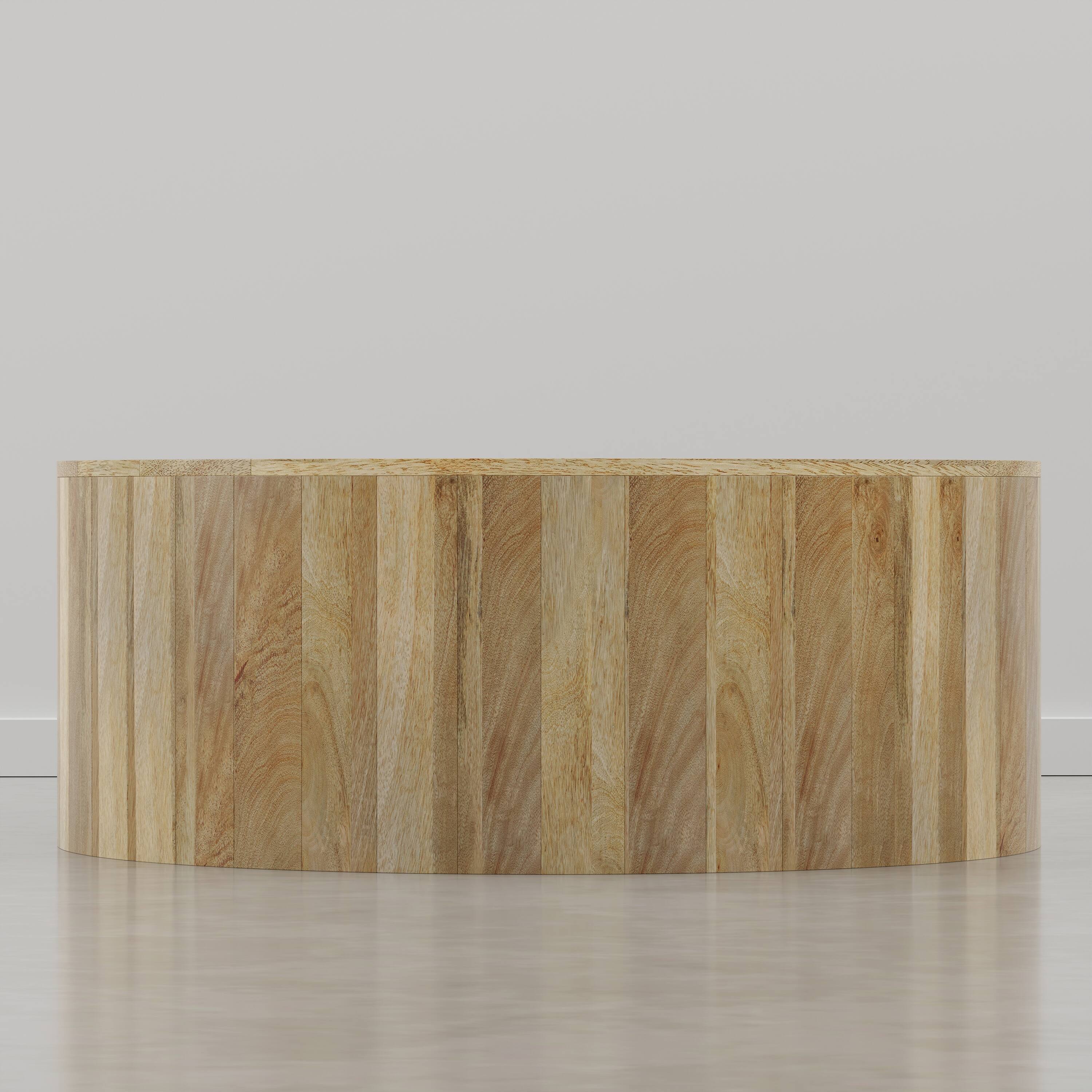 Left. Simpli Home - Millbury 36 inch Wide Solid Mango Wood Drum Coffee Table, Honey Earthtone - Honey Earthtone.