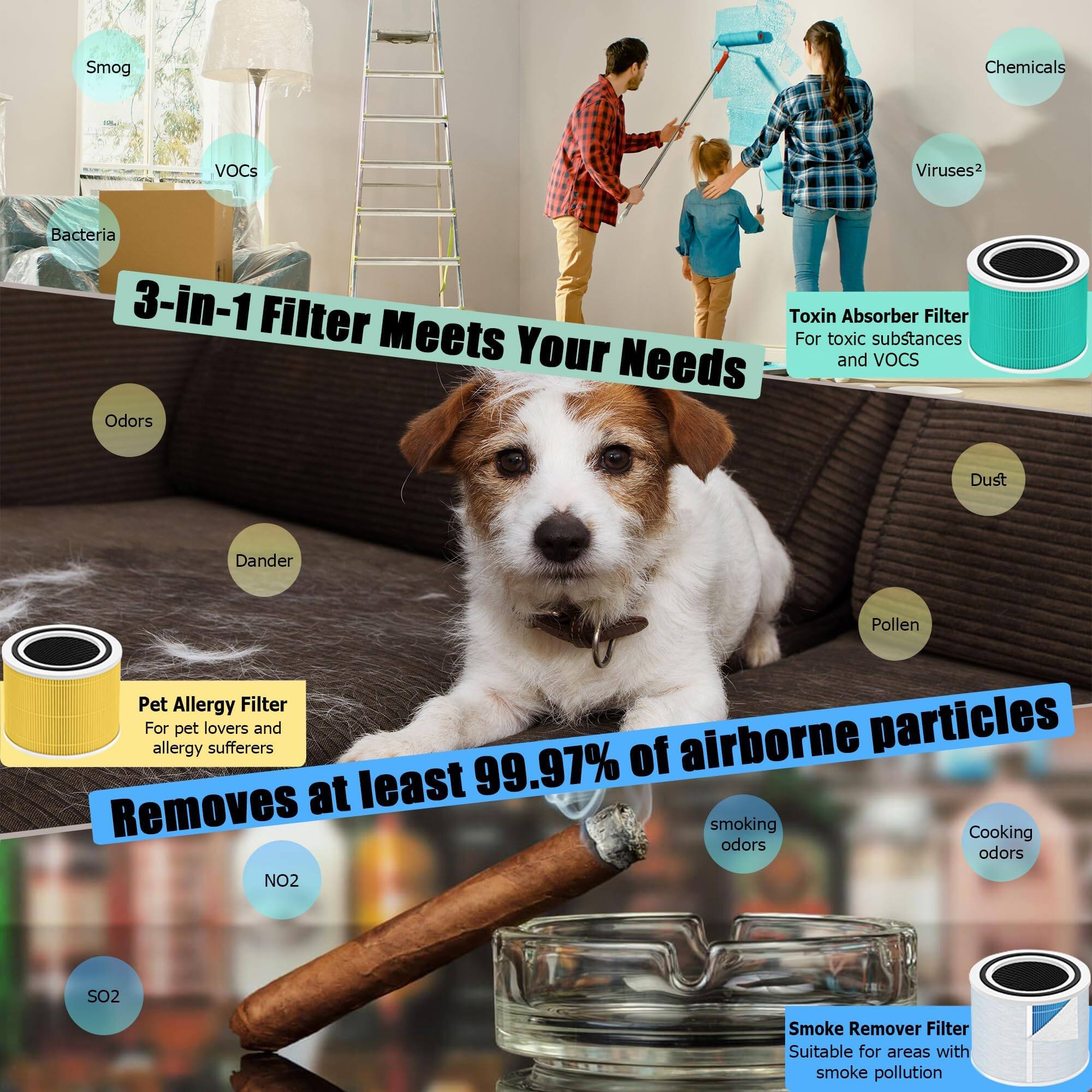 Smog, Chemicals, VOCs, Viruses, Bacteria, Odors, Dust, Dander, Pollen, Pet Allergy Filter, Smoke Remover Filter, Toxin Absorber Filter, Removes at least 99.97% of airborne particles, NO2, SO2, Cooking odors, smoking odors, Suitable for areas with smoke pollution, For toxic substances and VOCs, For pet lovers and allergy sufferers