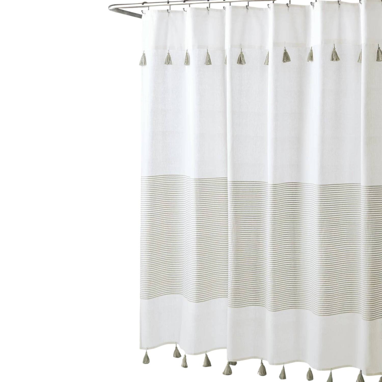 Front. SlickBlue - Taupe Tan White Bathroom Shower Curtain With Cotton Stripes, Durable Fabric - Taupe Tan, White.