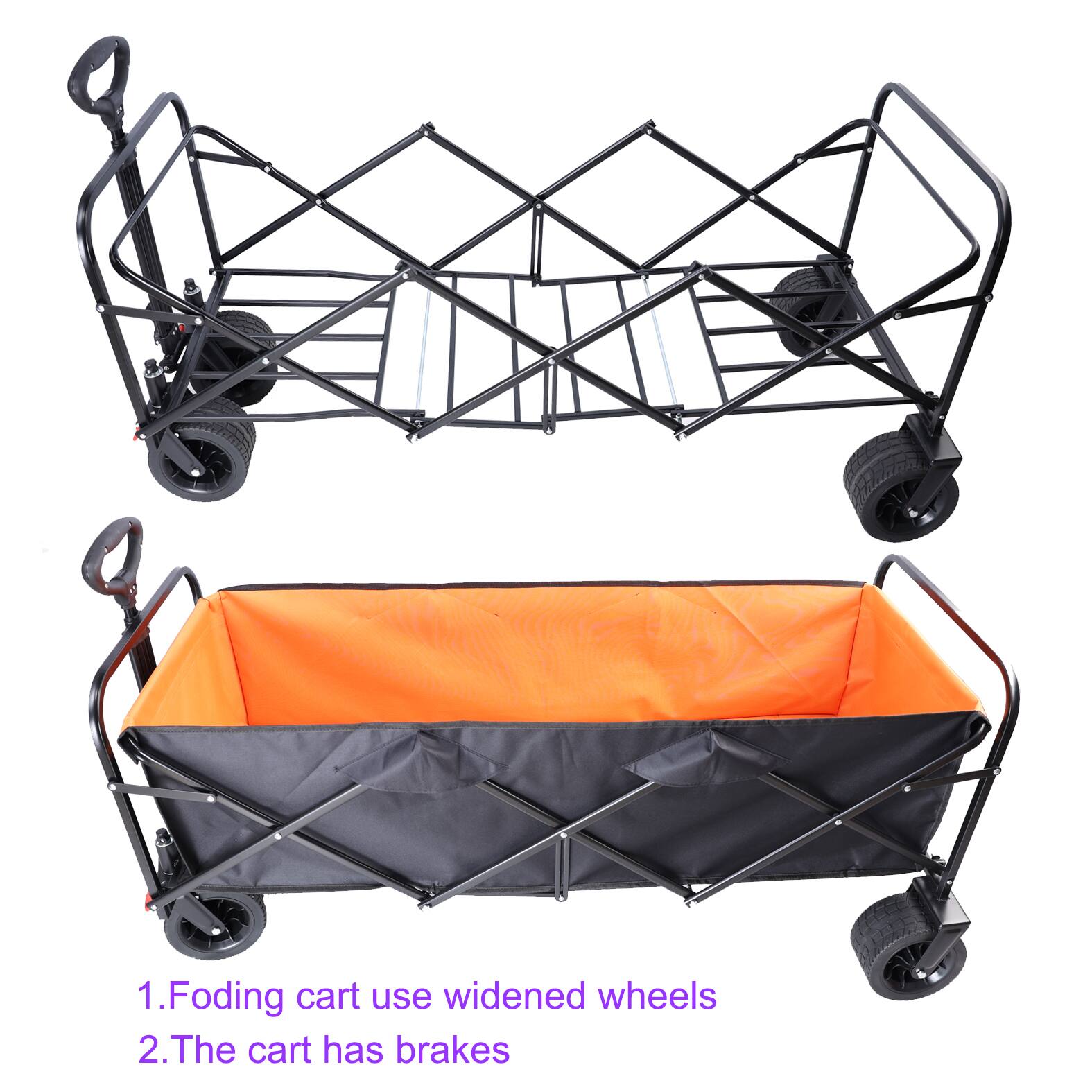 1. Folding cart uses widened wheels  
2. The cart has brakes