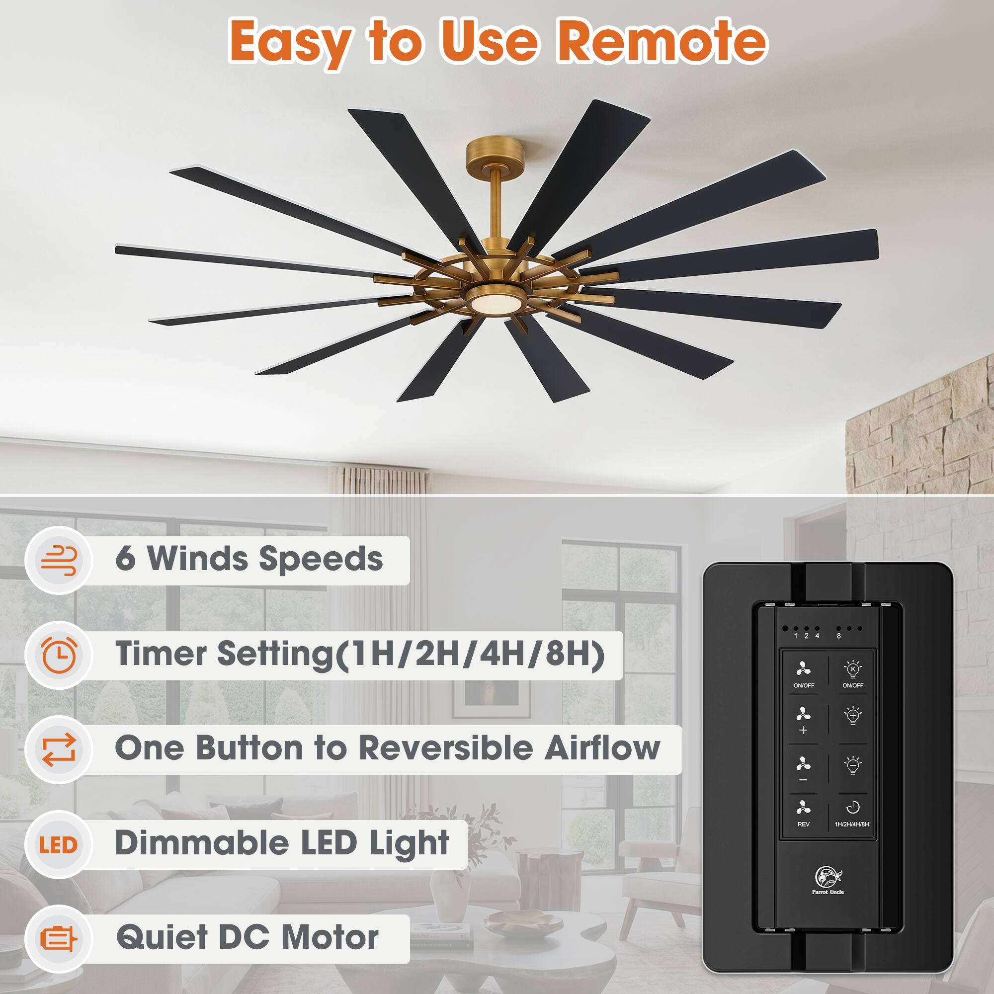 Easy to Use Remote

6 Winds Speeds

Timer Setting(1H/2H/4H/8H)

One Button to Reversible Airflow

Dimmable LED Light

Quiet DC Motor