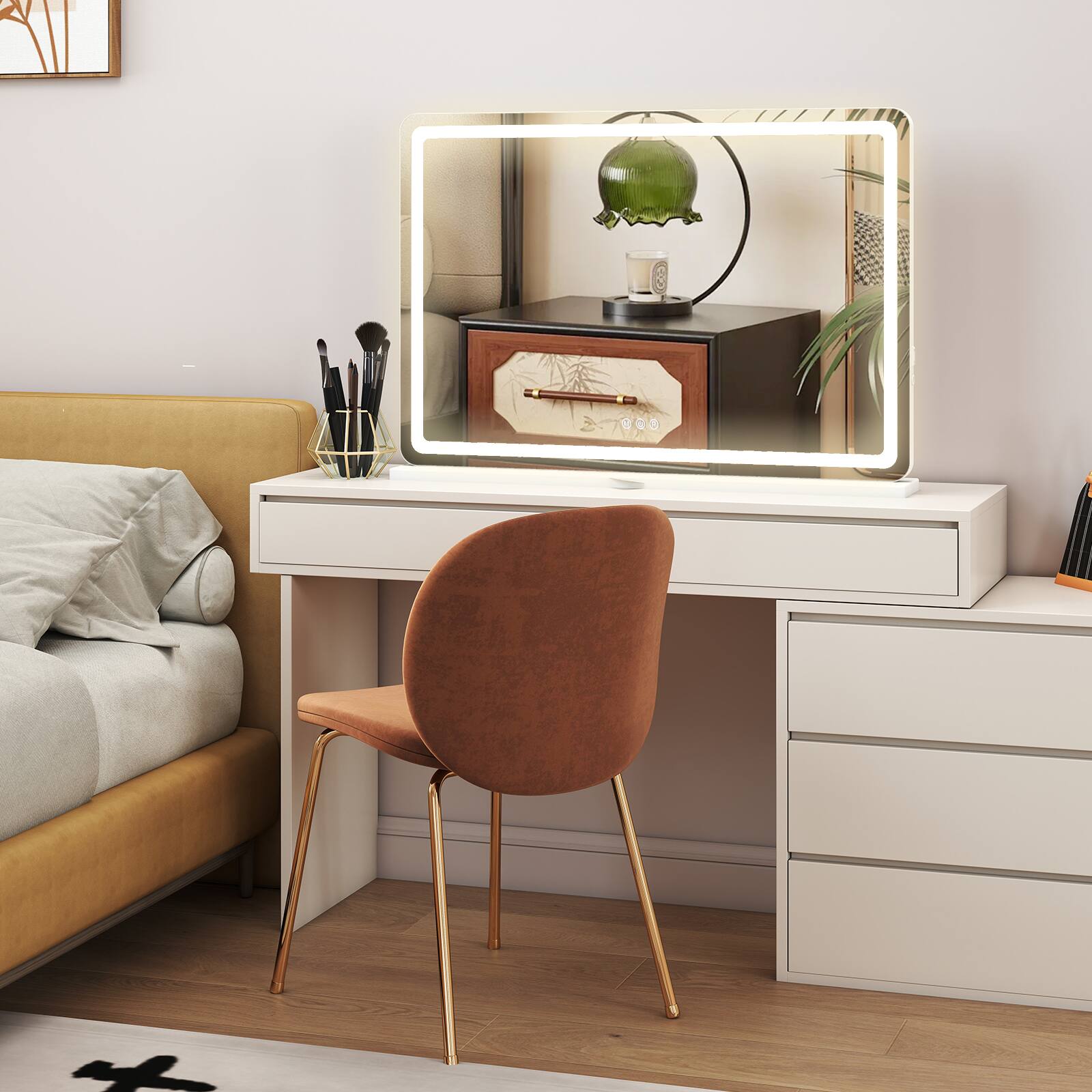 Angle. AENKYO - 22"x32" Vanity Mirror LED Makeup Mirror with Dimmable 3 Color Modes, Touch Screen Control - White.