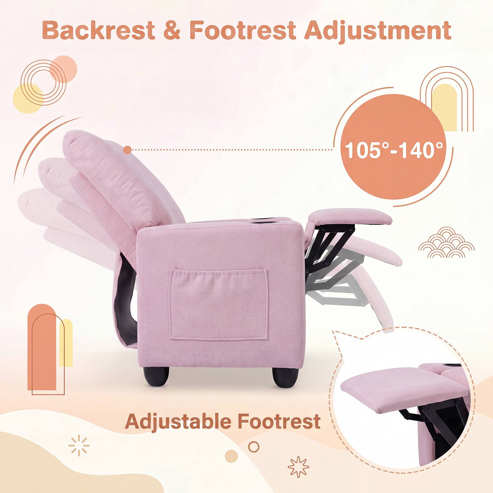 Backrest & Footrest Adjustment

105°-140°

Adjustable Footrest