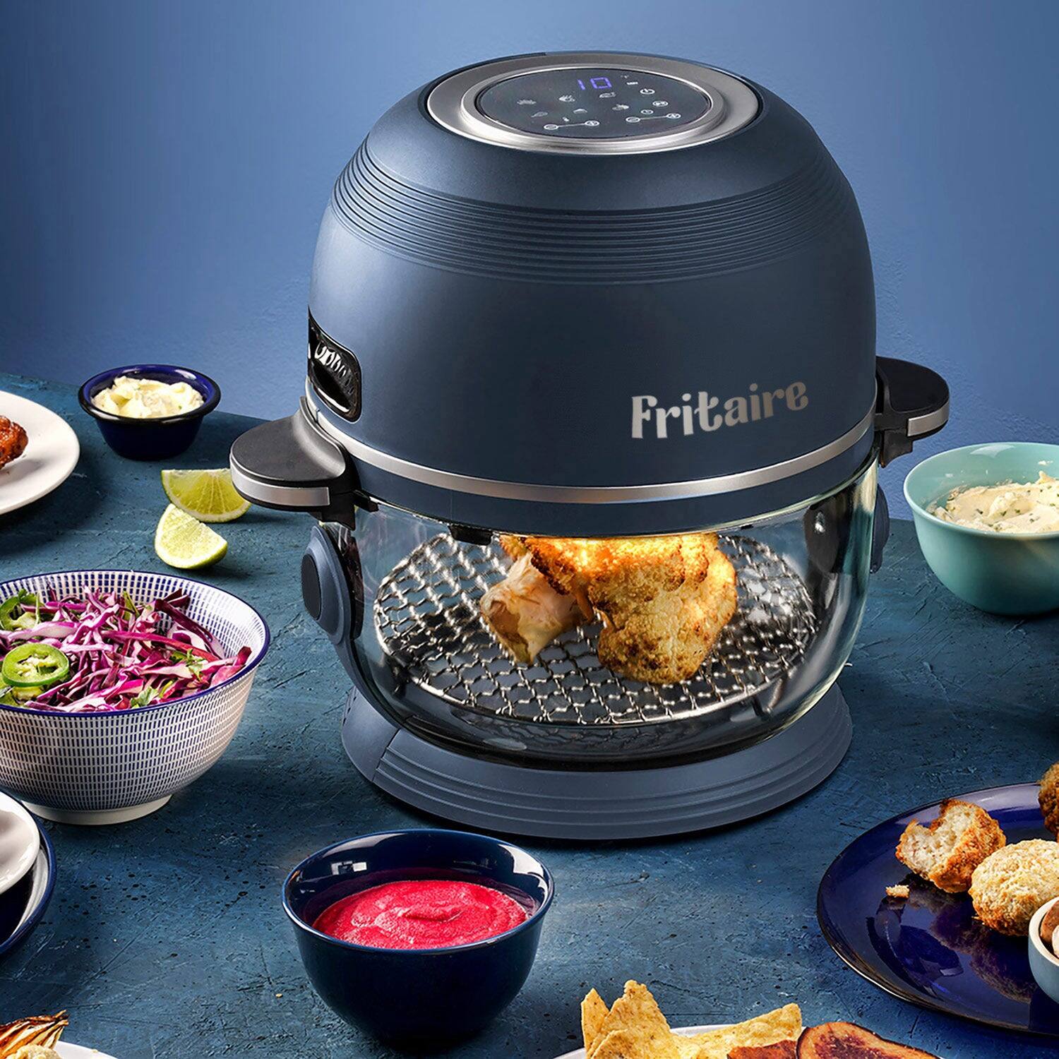Left. Fritaire - Non-Toxic Air Fryer - Glass Air Fryer, 5qt, Teflon-Free, PFOA- Free, w/ Accessories - Rotisserie and Tumbling Basket - Midnight Black.