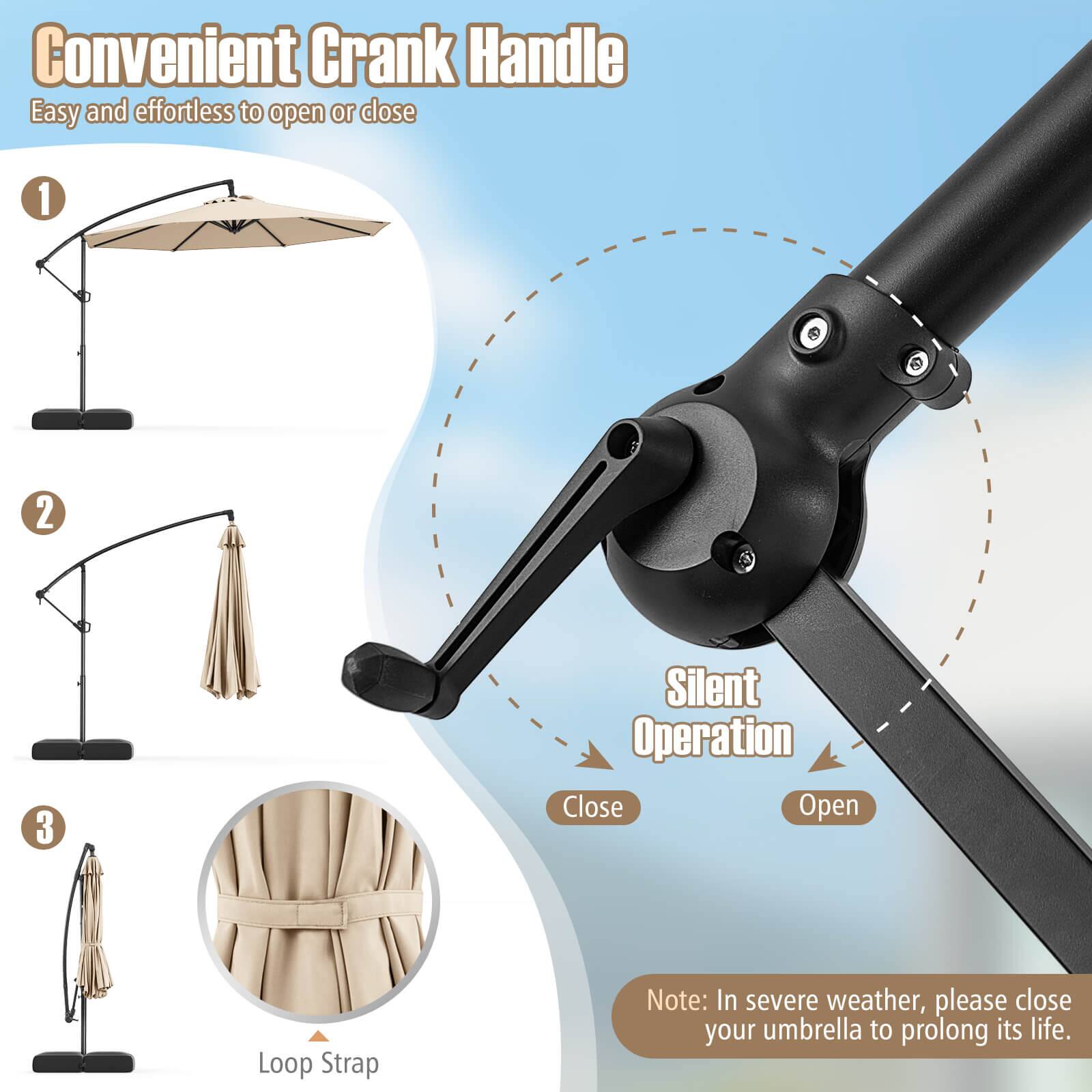 Convenient Crank Handle  
Easy and effortless to open or close  

1. Silent Operation  
   - Close  
   - Open  

2. Loop Strap  

Note: In severe weather, please close your umbrella to prolong its life.