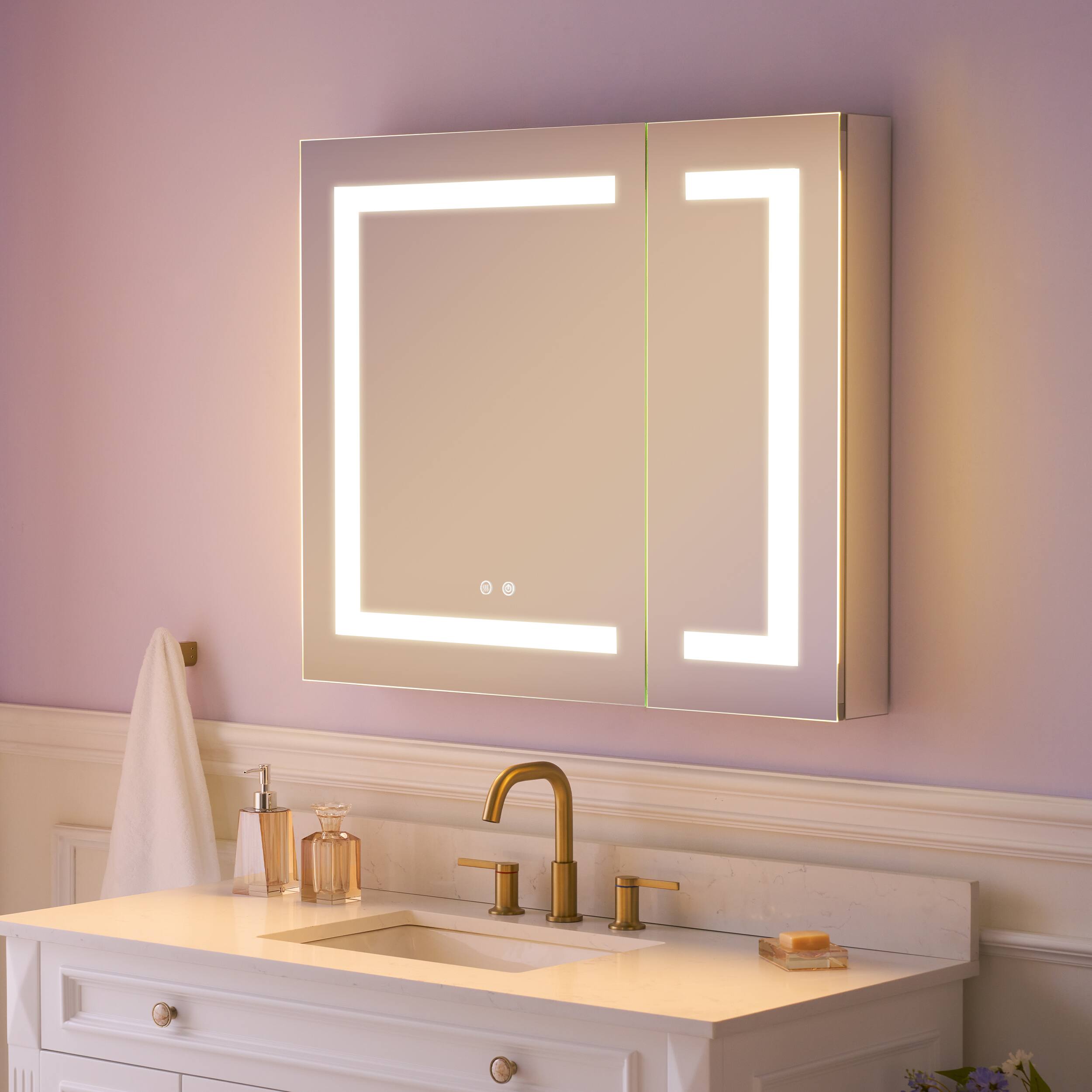Angle. WELLFOR - 36 in. W x 30 in. H Rectangular Aluminum Recessed or Surface Mount Medicine Cabinet with Mirror and Lighted - Silver.