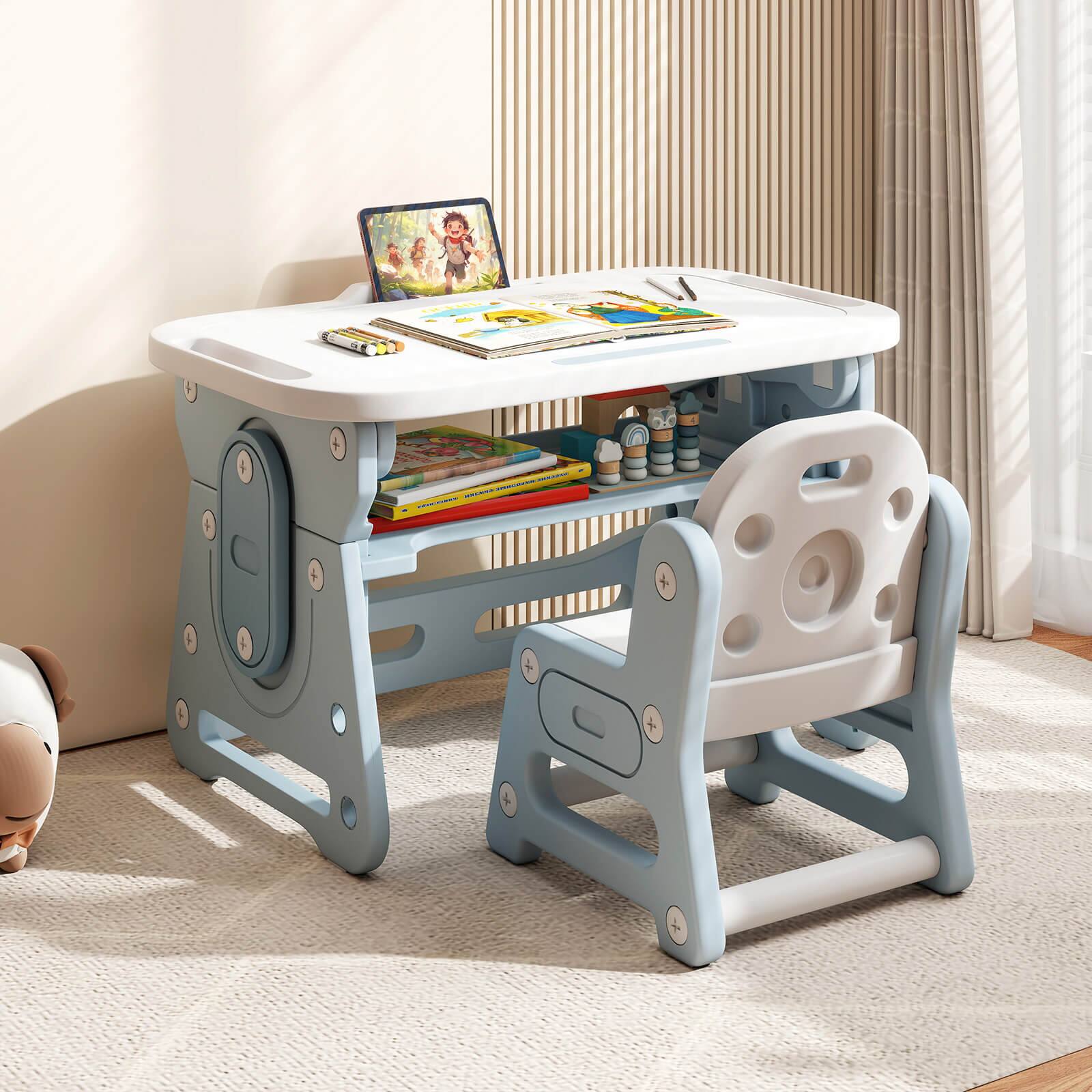 Alt View 3. Gymax - Gymax Kids Table & Chair Set Height Adjustable Toddler Drawing Table w/ Book Stand - Blue.