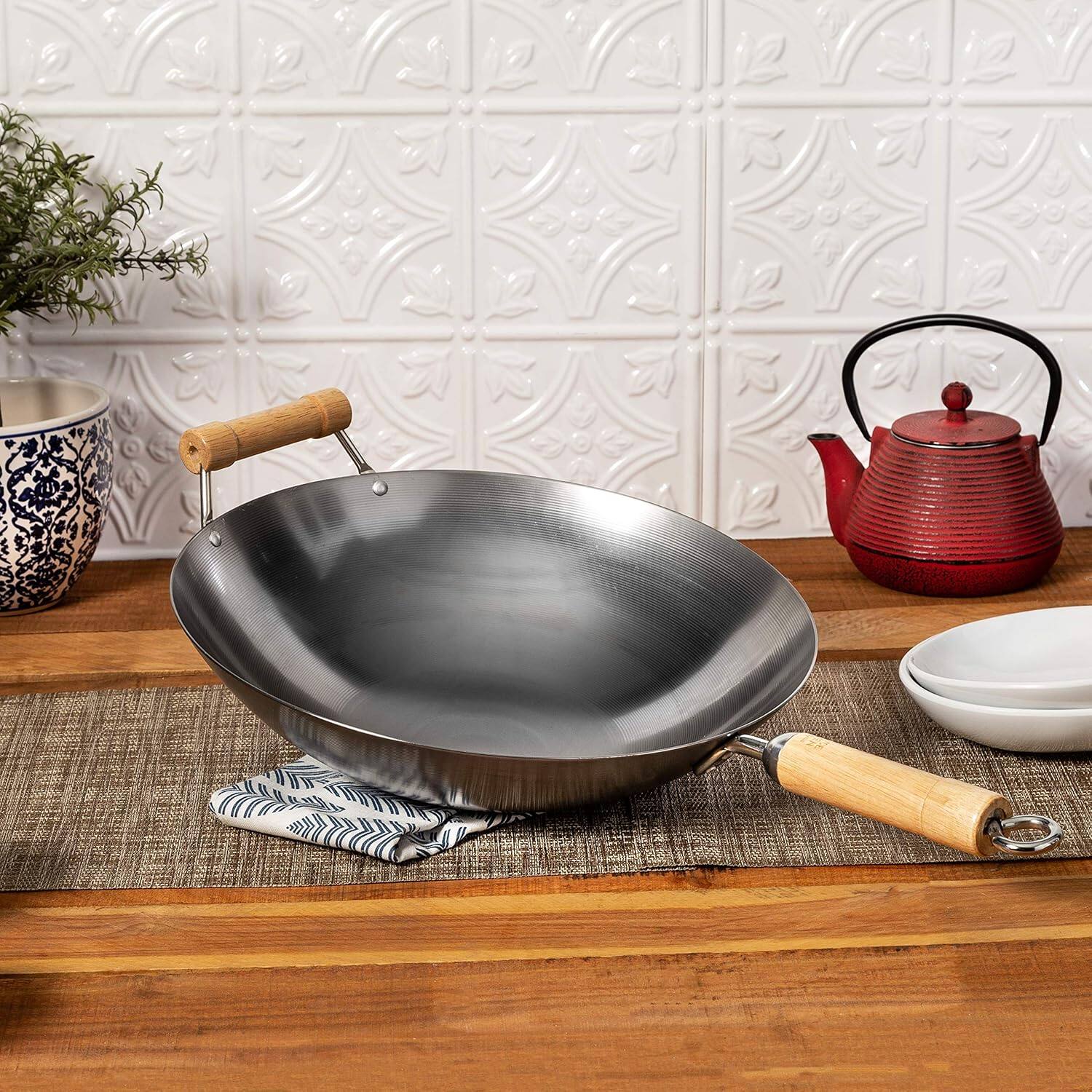 Alt View 1. Escali - Joyce Chen Classic Series 14-Inch Round Bottom Carbon Steel Wok with Birch Handles - Silver.