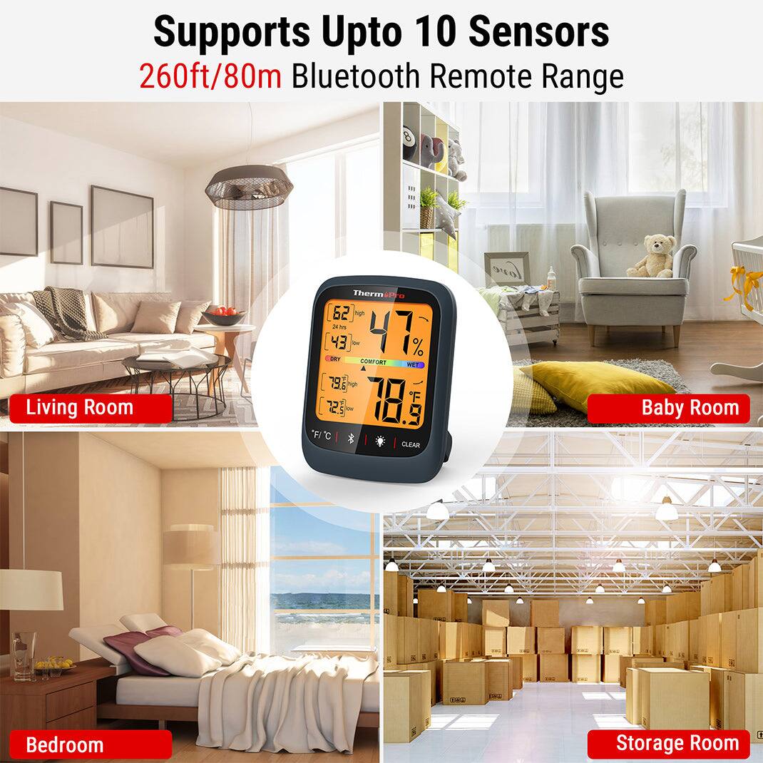Supports Upto 10 Sensors  
260ft/80m Bluetooth Remote Range  

Living Room  
Bedroom  
Baby Room  
Storage Room  

62°F  
47%  
78.9°F  
CLEAR  

62°F  
43%  
72.6°F  
12.5°F  
WET  
DRY  
COMFORT  
CLEAR