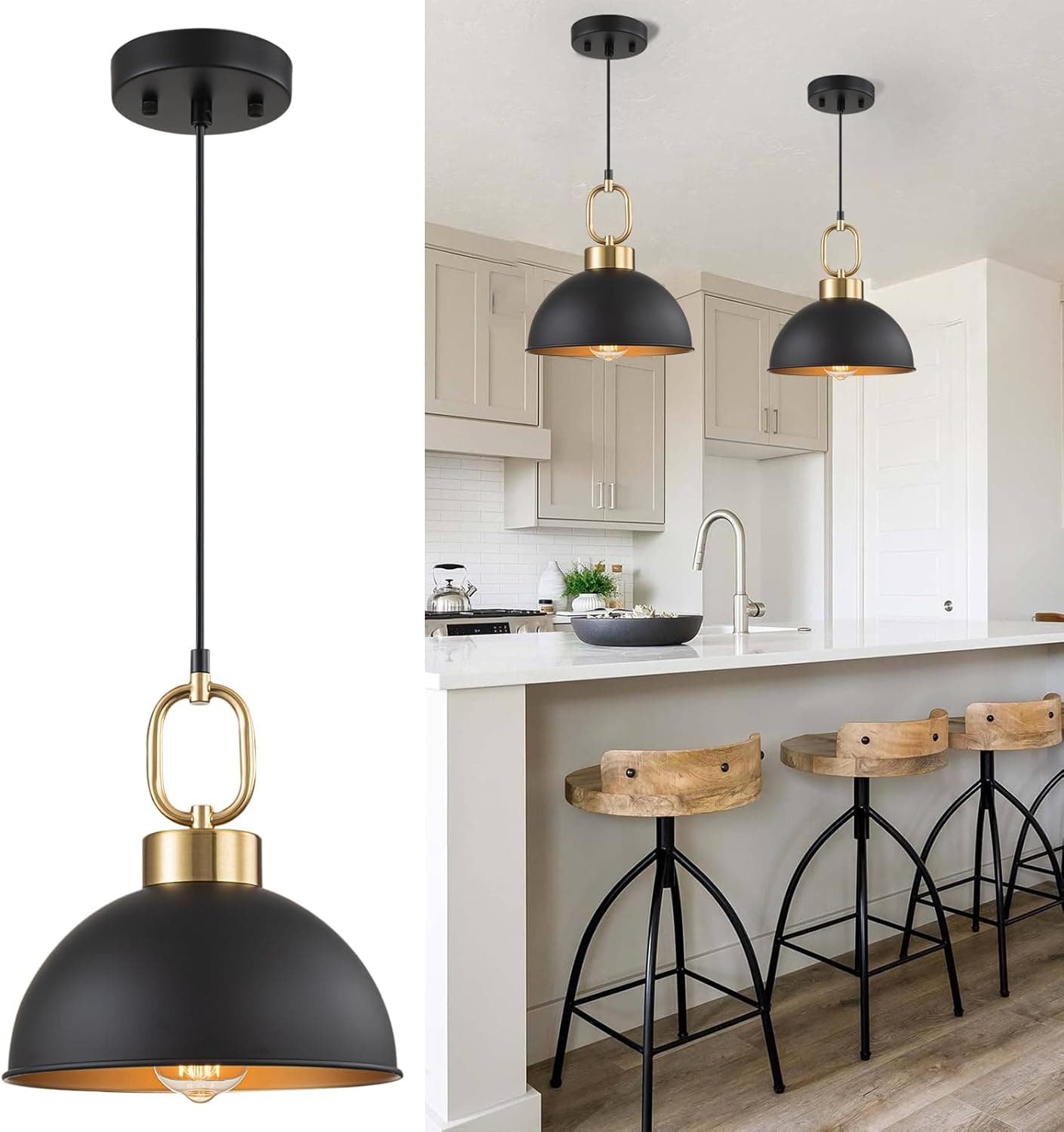 Alt View 2. FINEAK - 2-Pack 10.2" Farmhouse Pendant Lights - Matte Black with Gold Handle, Adjustable Height Industrial Hanging Fixtures.