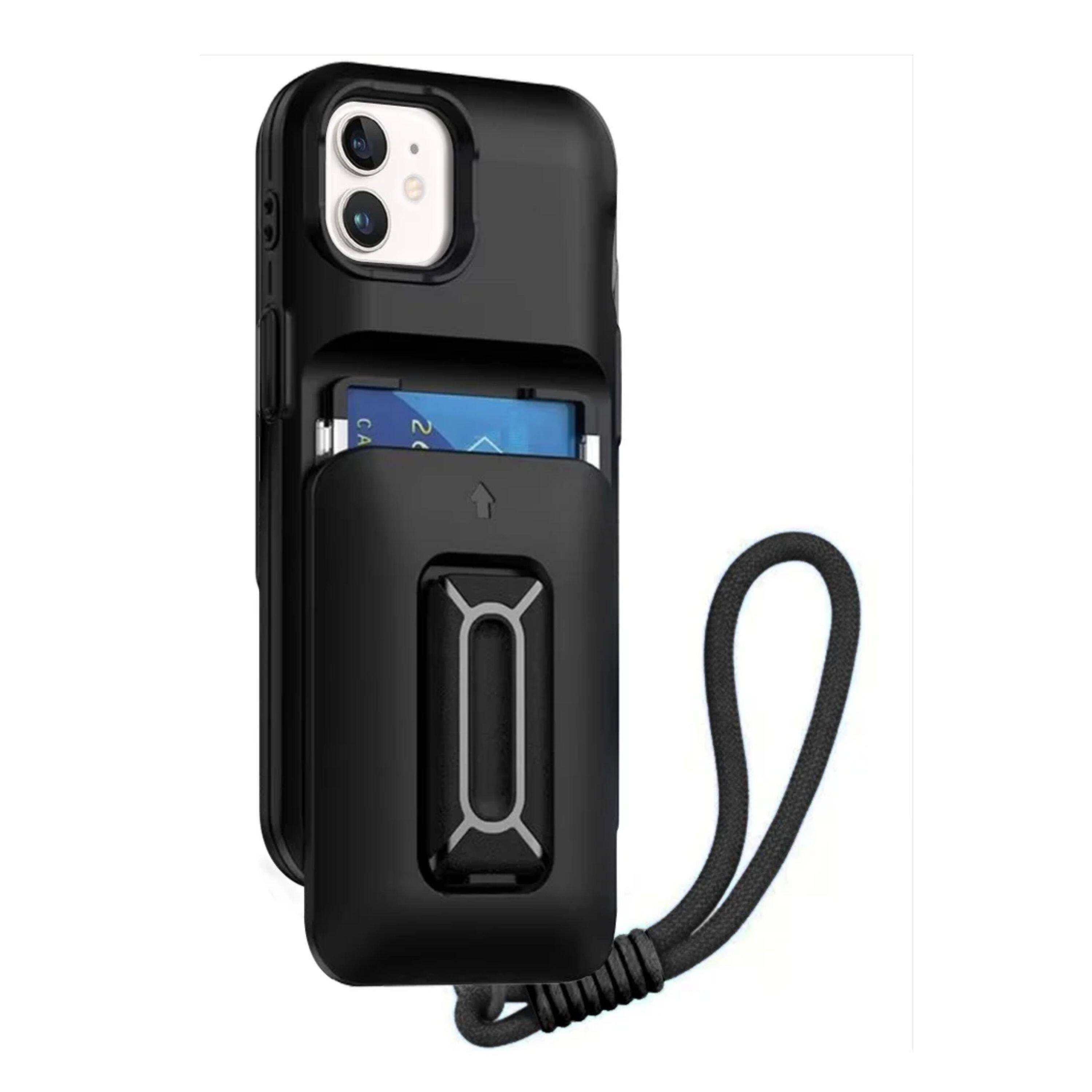 Angle. Kitcheniva - Matte Finish Phone Case With Card Holder Kickstand Strap Tempered Glass For iPhone 12/12 Pro Black - Black.