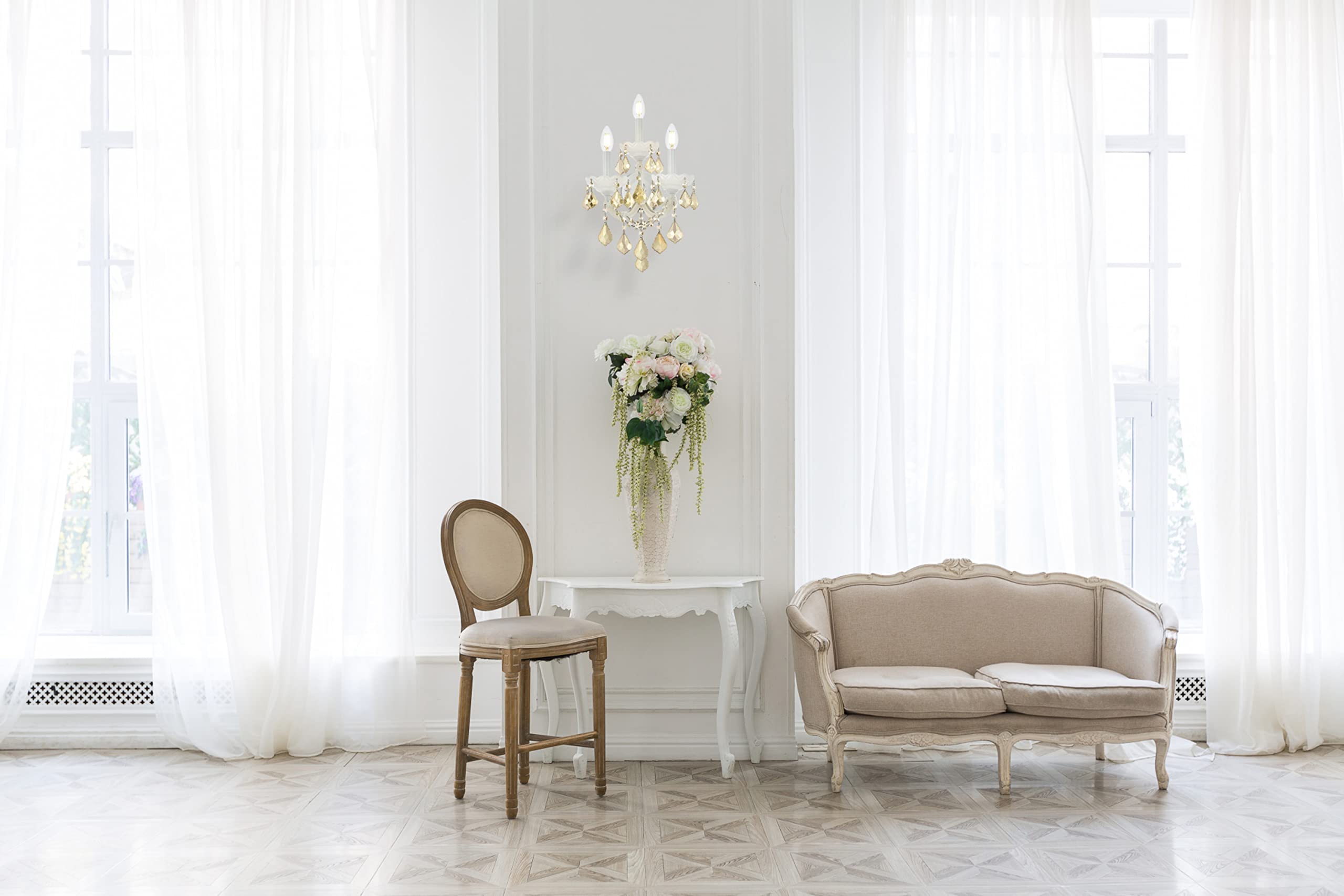 Angle. Elegant Lighting - Maria Theresa 3 light white Wall Sconce Golden Teak (Smoky) Royal Cut Crystal - White.