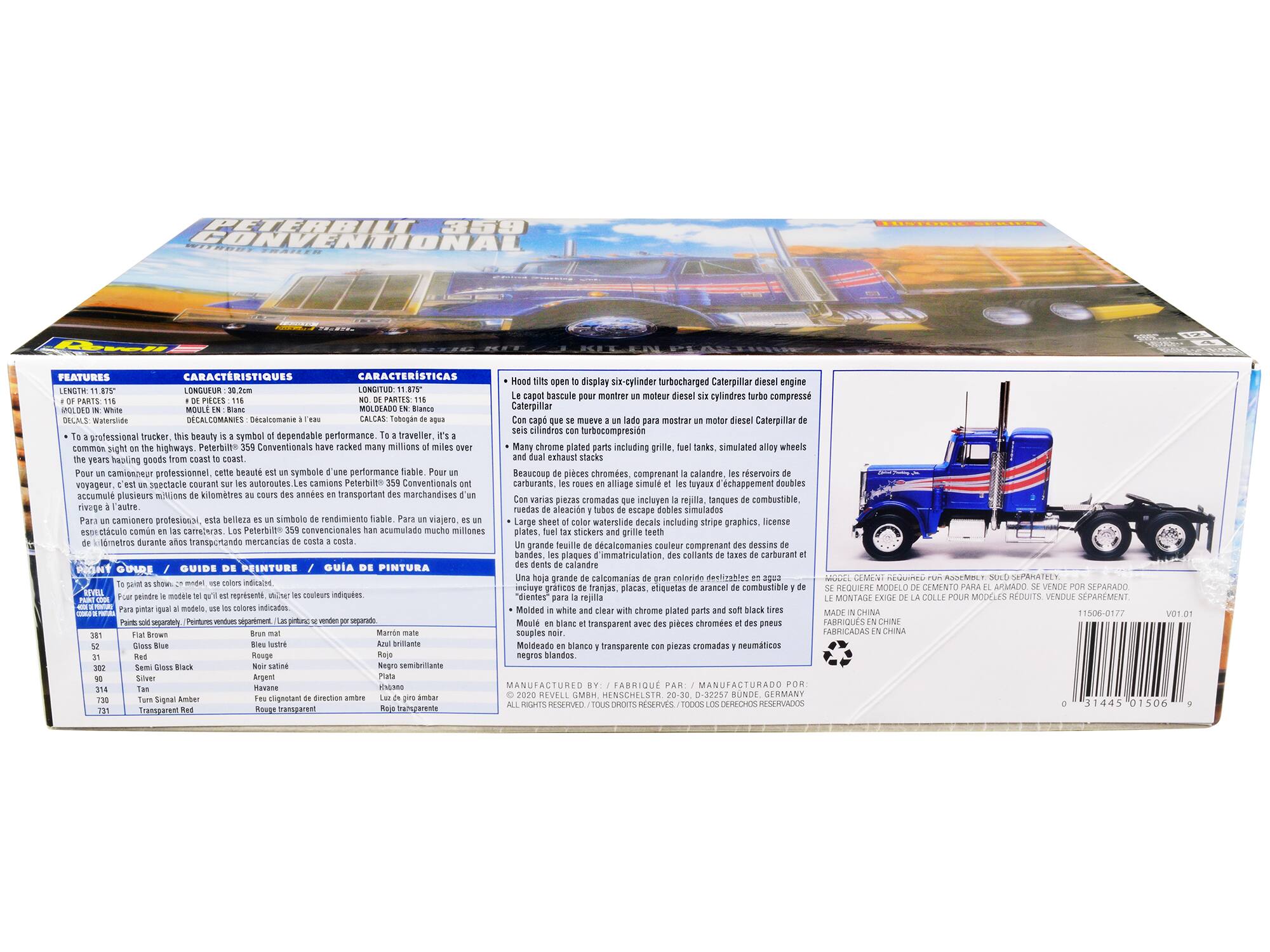 **Features / Características / Características**

- **Length:** 11.87 in / **Longueur:** 30.2 cm / **Longitud:** 11.87 in
- **Molded in:** White / **Moulé en:** Blanc / **Moldeado en:** Blanco
- **Decals:** Waterslide / **Décals:** Décals à l'eau / **Calcomanías:** Decalcomanía
- **To a professional trucker, this beauty is a symbol of dependable performance. To a traveler, it's a common sight on the highways. Peterbilt 359 Conventional has racked millions of miles over the years.** / **Pour un camionneur professionnel, cette beauté est un symbole de rendement fiable. Pour un voyageur, c'est un spectacle courant sur les autoroutes. Les camions Peterbilt 359 Conventional ont accumulé des millions de kilomètres au cours des années en transportant des marchandises.** / **Para un camionero profesional, esta belleza es un símbolo de rendimiento fiable. Para un viajero, es un
