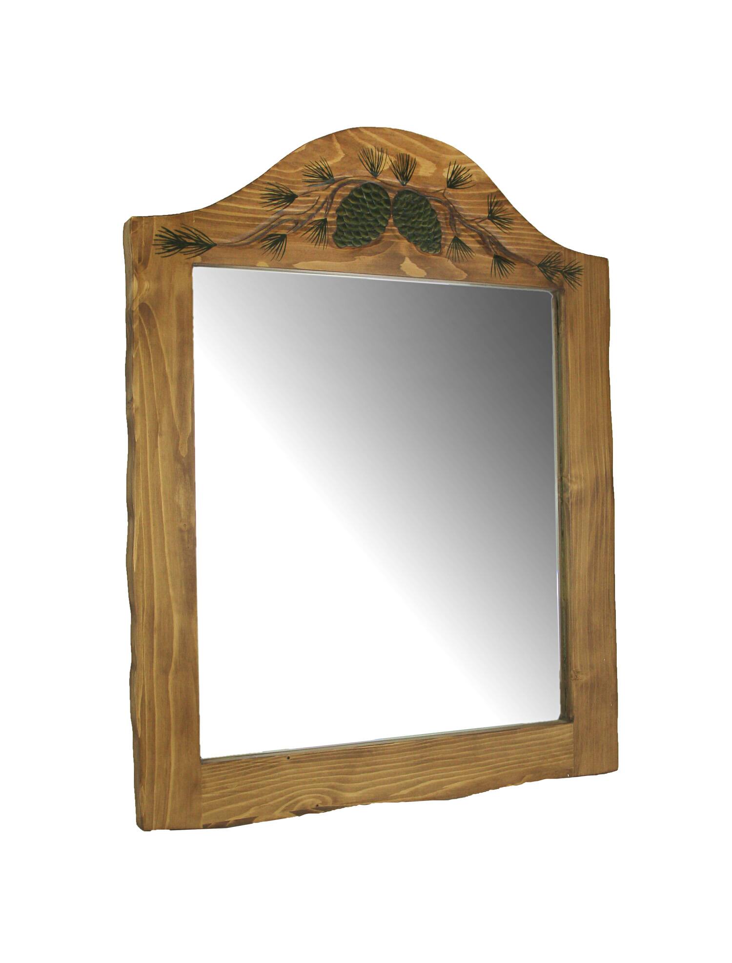 Front. Things2Die4 - Hand Carved Natural Wood Pine Cone Decorative Wall Mirror Home Lodge Style Decor - Brown.
