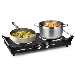 Techwood - 1300w & 500w Double Burner with Stay Cool Handle, Adjustable Temperature Electric Cooktop for RV Home Camp - Black