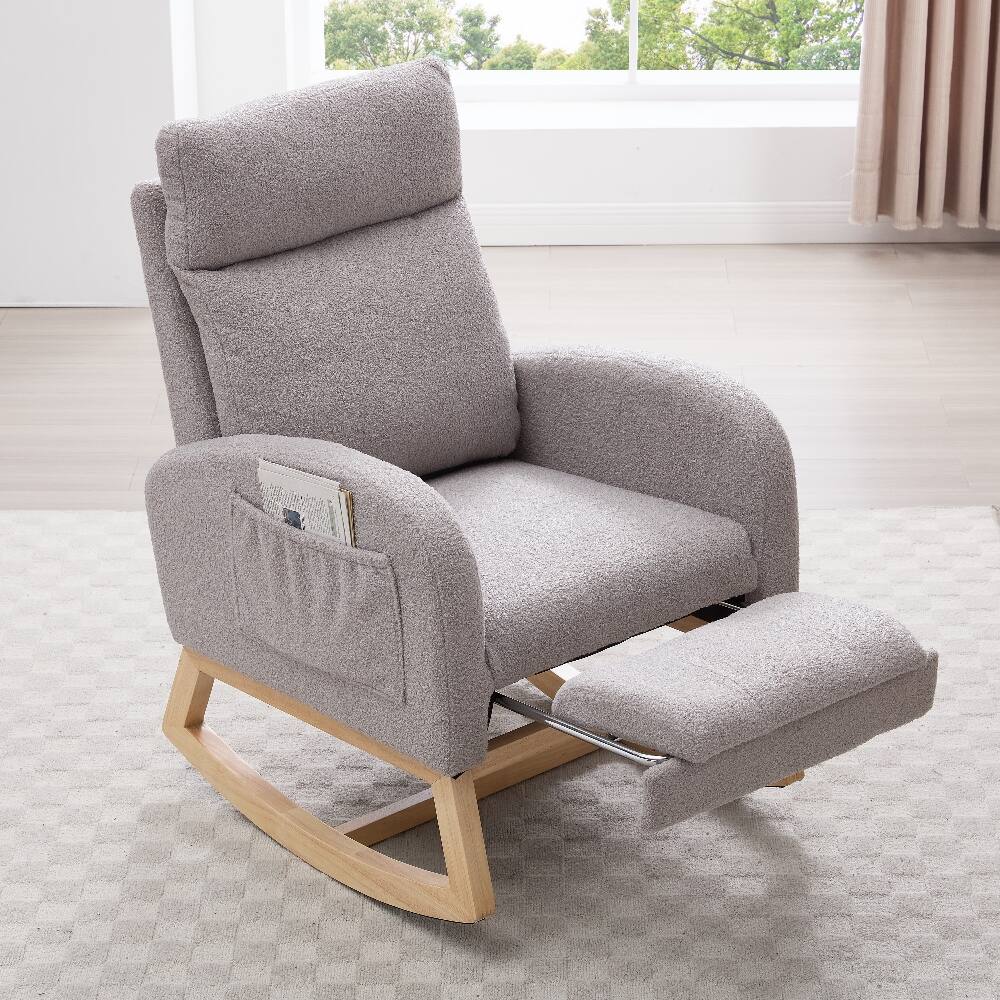 Alt View 4. Loheer - Loheer Light Gray Teddy Fabric Nursery Rocking Chair with Adjustable Footstool and Solid Wood Base - Light Gray.