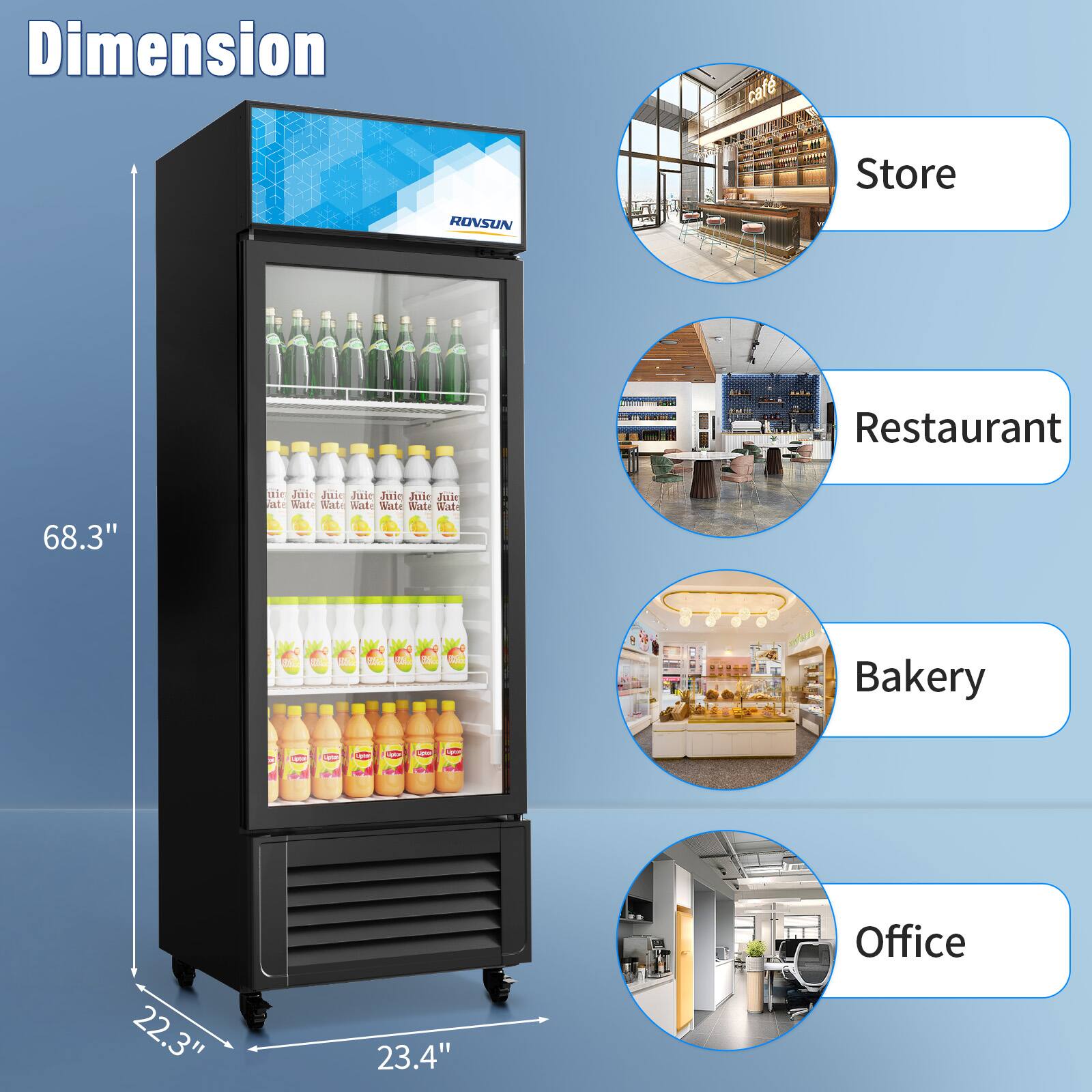 Dimension caf Store ROVSUN Restaurant 68.3" ab Juse Paie Jaie Jude Jutie Ji Niad- Nat Mate SASe Wate dat -F | Bakery | : I 1 - 1 22.3" 23.4" Office