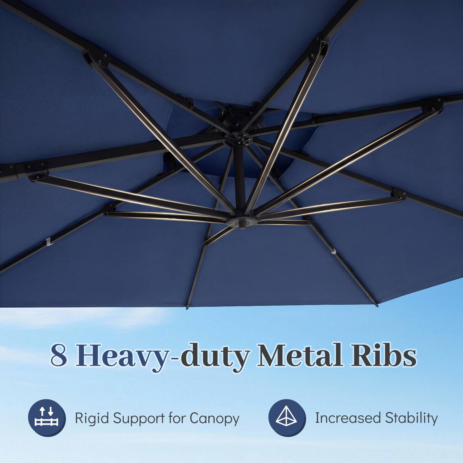 8 Heavy-duty Metal Ribs  
Rigid Support for Canopy  
Increased Stability