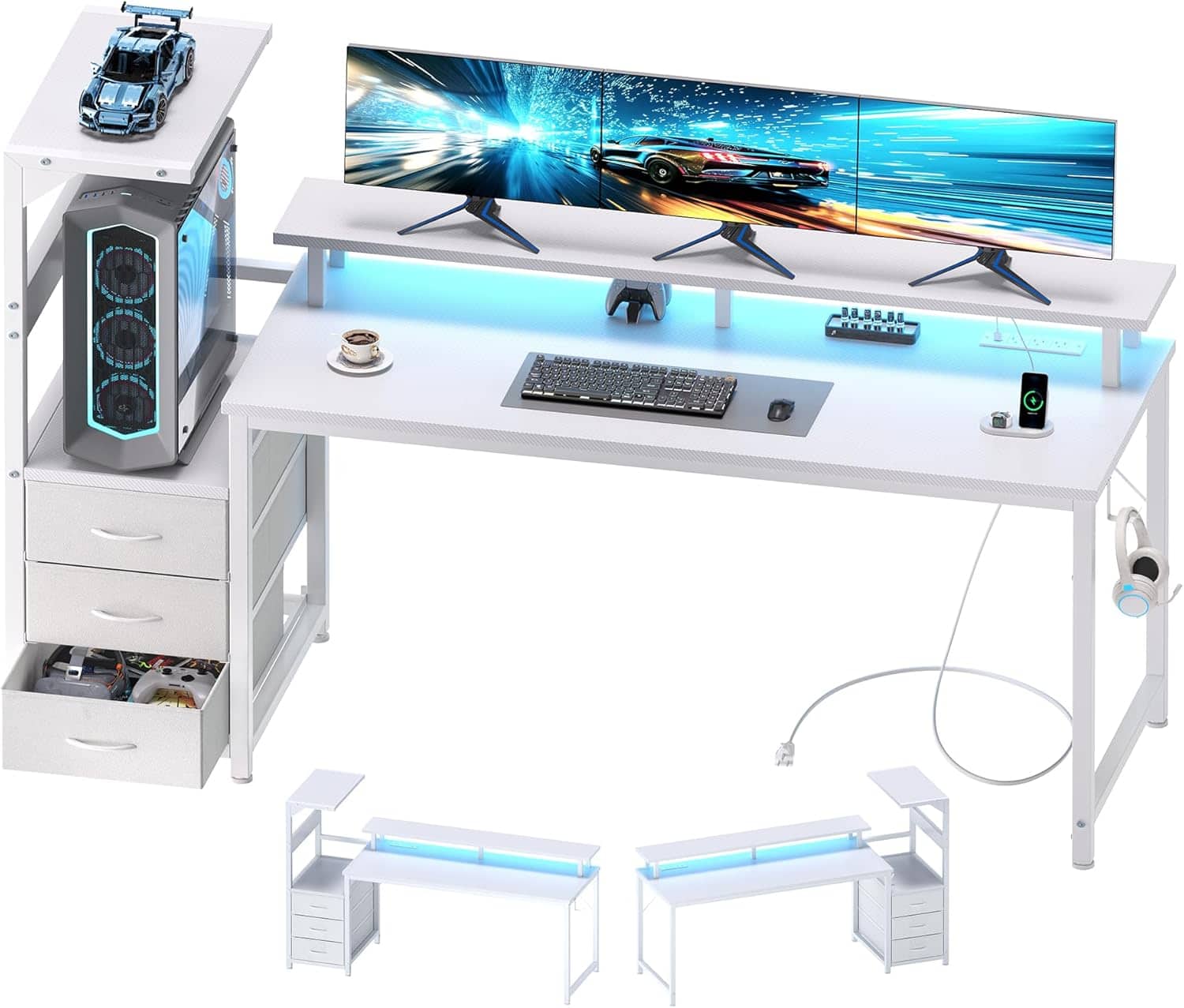 Sweet - 52" Gaming Desk with Power Outlets & LED Lights, Drawer & Storage Shelves, Reversible Computer Desk - White