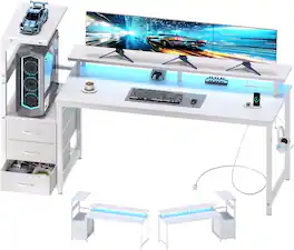 Sweet - 52" Gaming Desk with Power Outlets & LED Lights, Drawer & Storage Shelves, Reversible Computer Desk - White