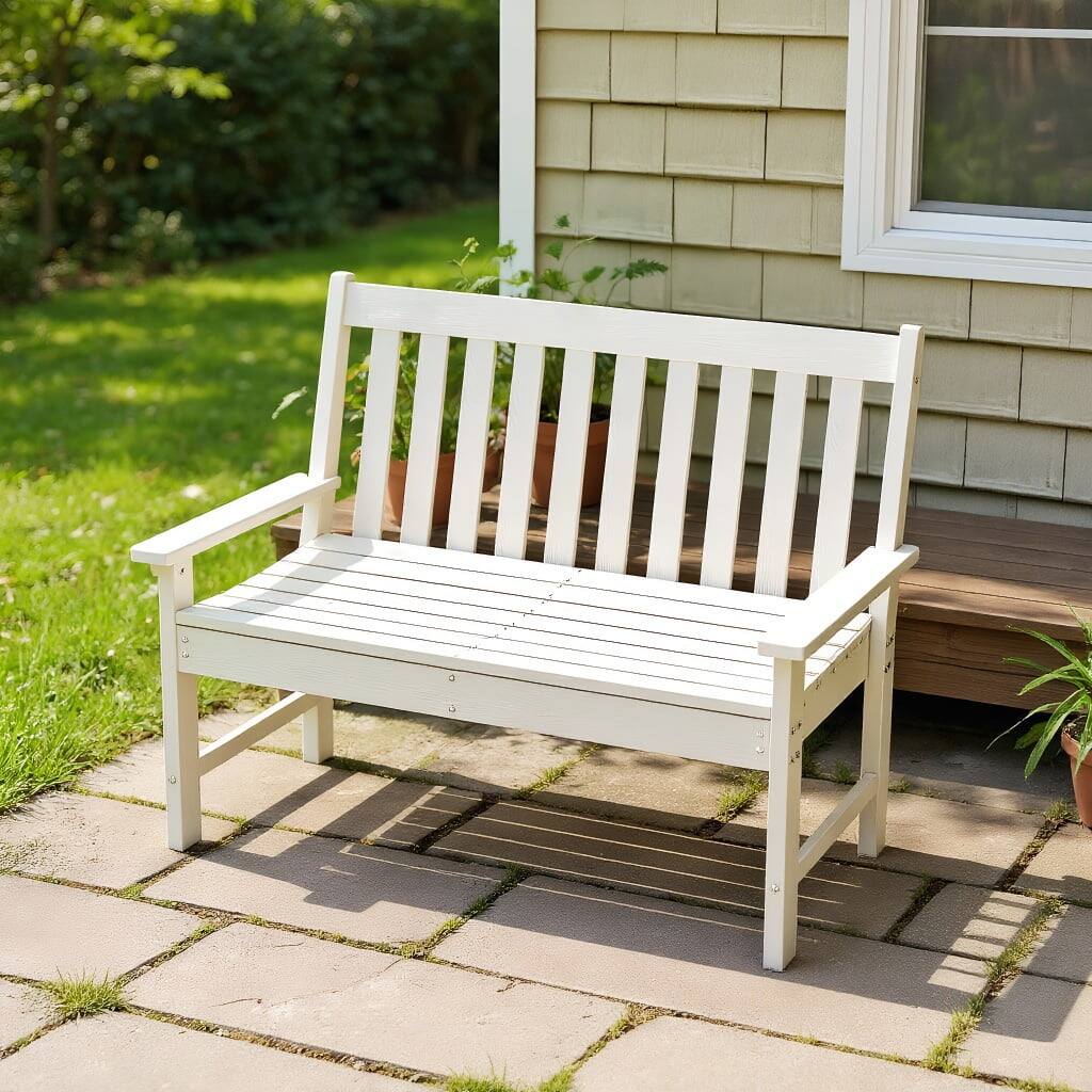 Front. Kadyn - Garden Bench, Patio Bench, 52 Inch All-Weather HDPE Outdoor Bench with Backrest and Armrests-White - White.