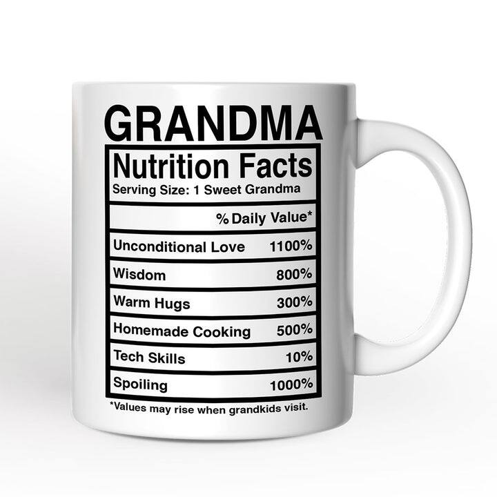 GRANDMA  
Nutrition Facts  
Serving Size: 1 Sweet Grandma  
% Daily Value*  

Unconditional Love 1100%  
Wisdom 800%  
Warm Hugs 300%  
Homemade Cooking 500%  
Tech Skills 10%  
Spoiling 1000%  

*Values may rise when grandkids visit.