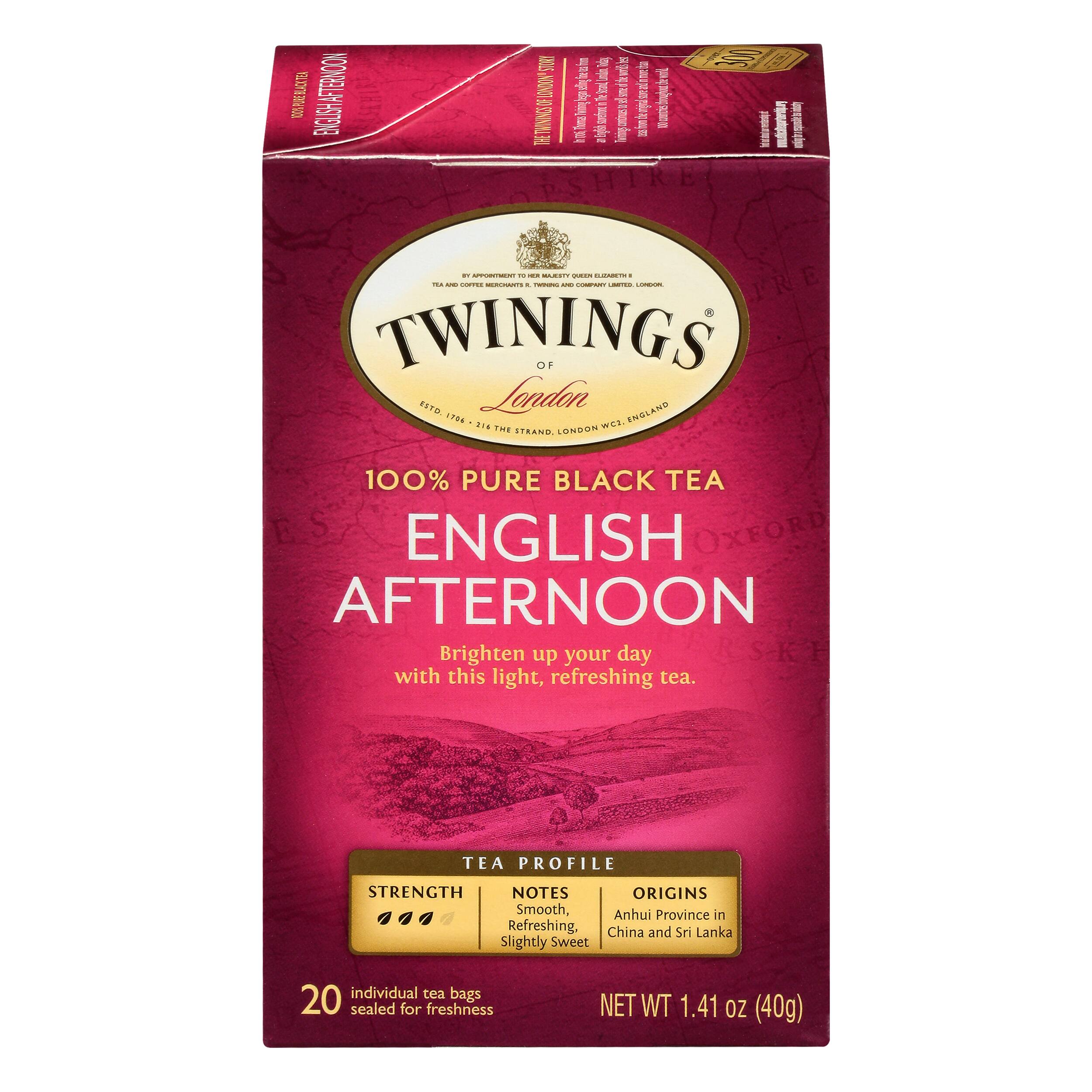 NET WEIGHT 1.41 OZ (40g)

TWININGS OF LONDON ENGLAND

100% PURE BLACK TEA

ENGLISH AFTERNOON

Brighten up your day with this light, refreshing tea.

TEA PROFILE

STRENGTH: Smooth

NOTES: Refreshing, Slightly Sweet

ORIGINS: Anhui Province in China and Sri Lanka

20 individual tea bags sealed for freshness

NET WT 1.41 OZ (40g)